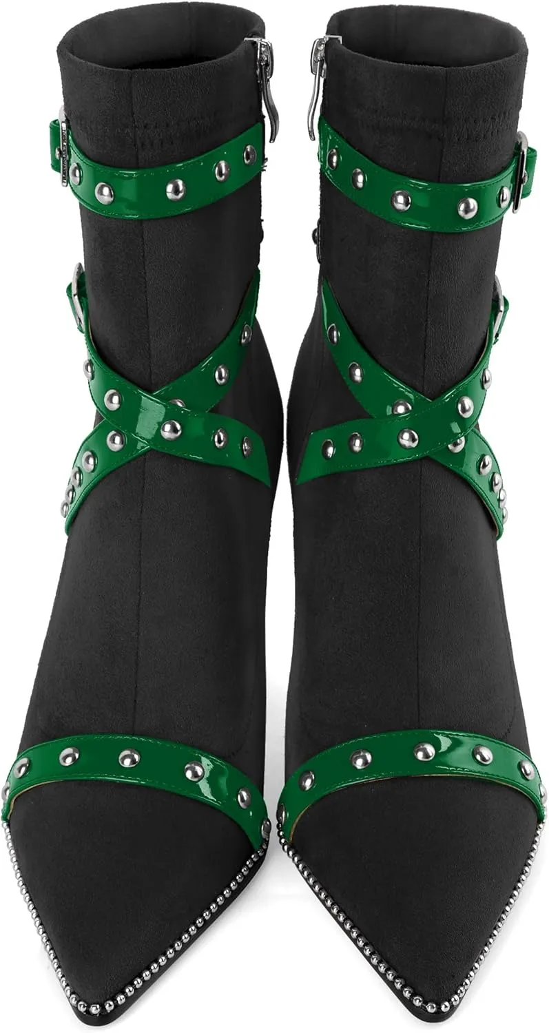 Joseywade Womens Ankle Booties 3.7 Inch Heel High Stiletto Boots Beaded Studded Pointed Toe Side Zipper Boots Size 5-13