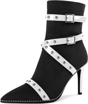 Joseywade Womens Ankle Booties 3.7 Inch Heel High Stiletto Boots Beaded Studded Pointed Toe Side Zipper Boots Size 5-13