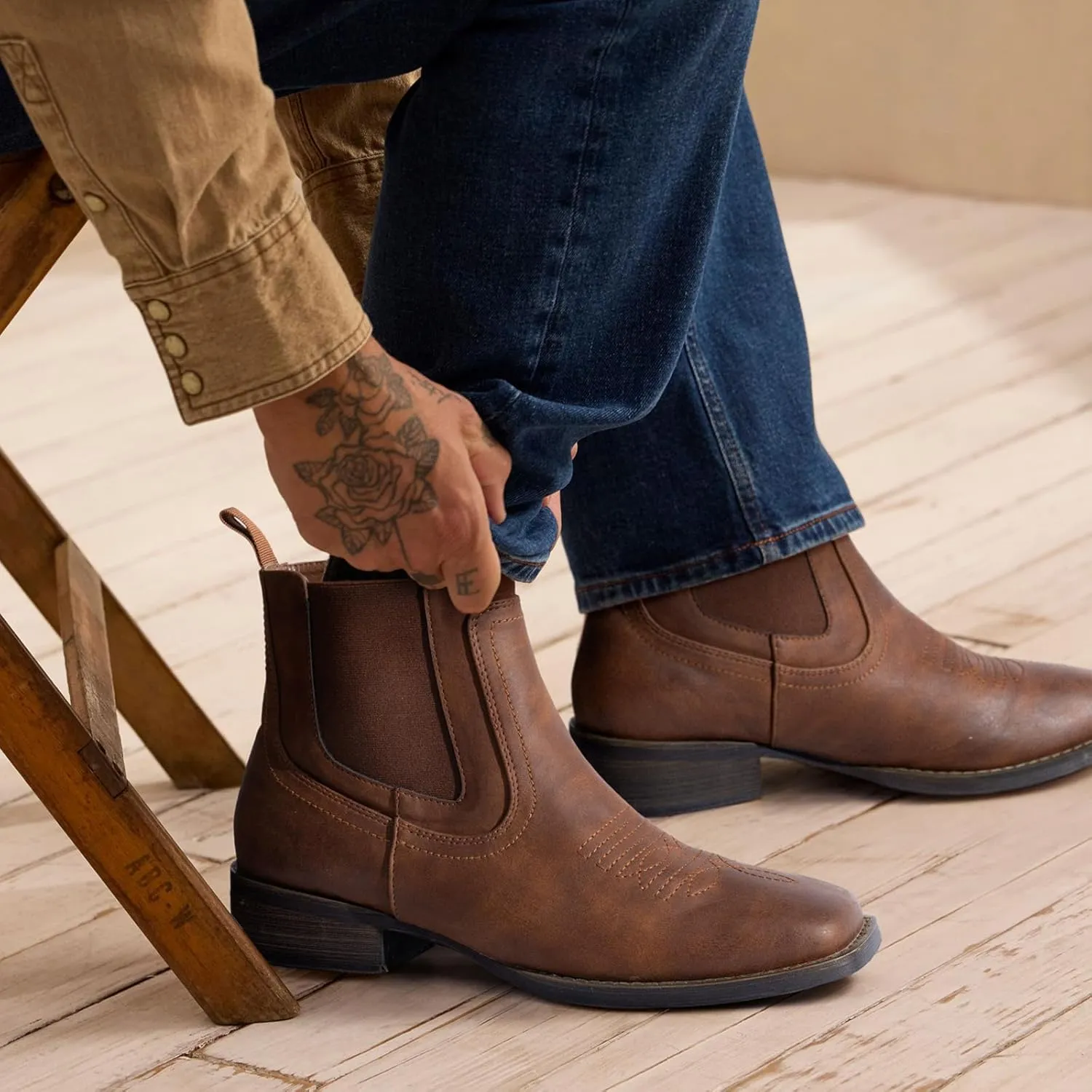 J's.o.l.e Cowboy Boots for Men Western Square Toe Ankle Chelsea Boots