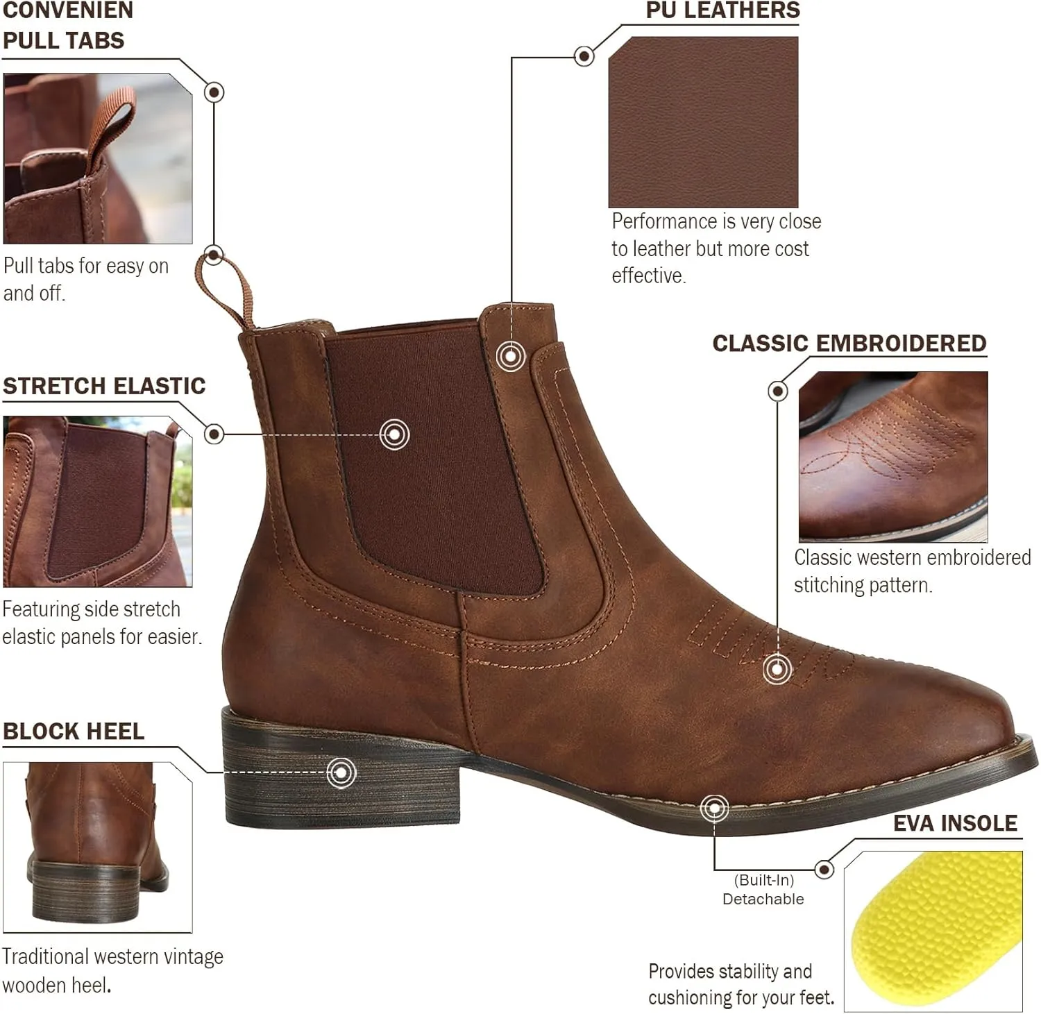 J's.o.l.e Cowboy Boots for Men Western Square Toe Ankle Chelsea Boots