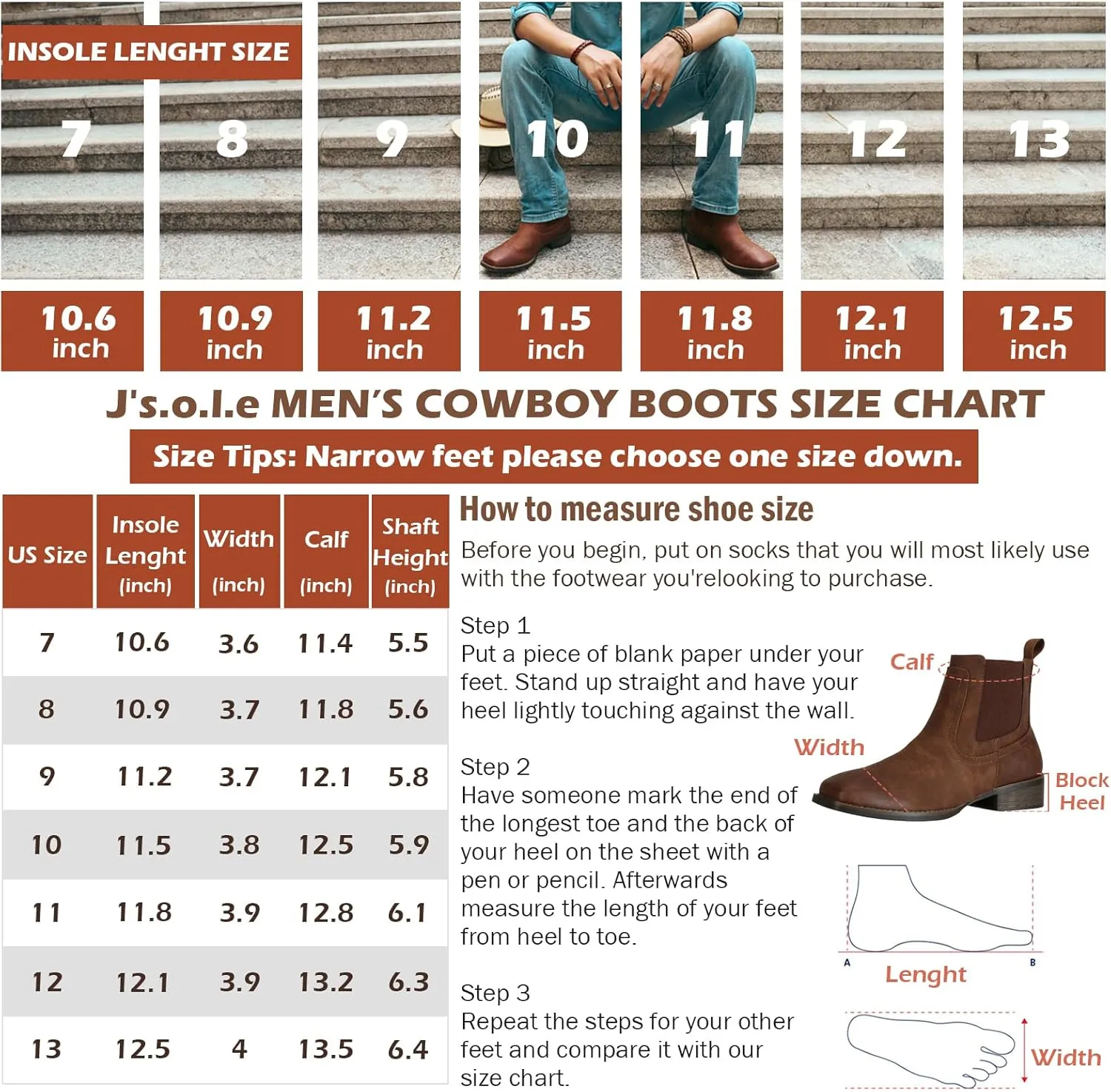 J's.o.l.e Cowboy Boots for Men Western Square Toe Ankle Chelsea Boots