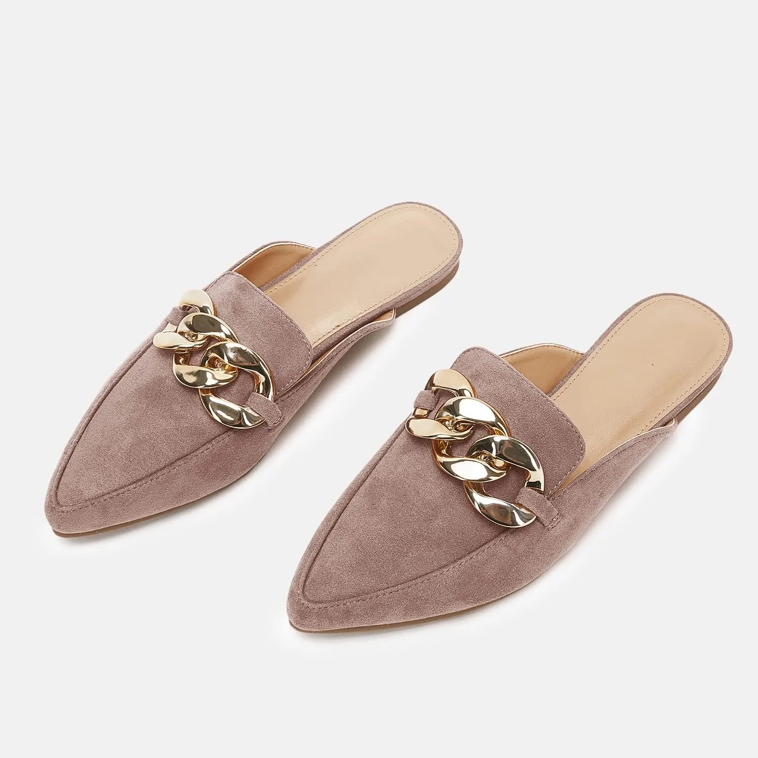Juliet Holy Womens Mules Flats Pointed Toe Backless Loafers Slip on Metal Chain Slides