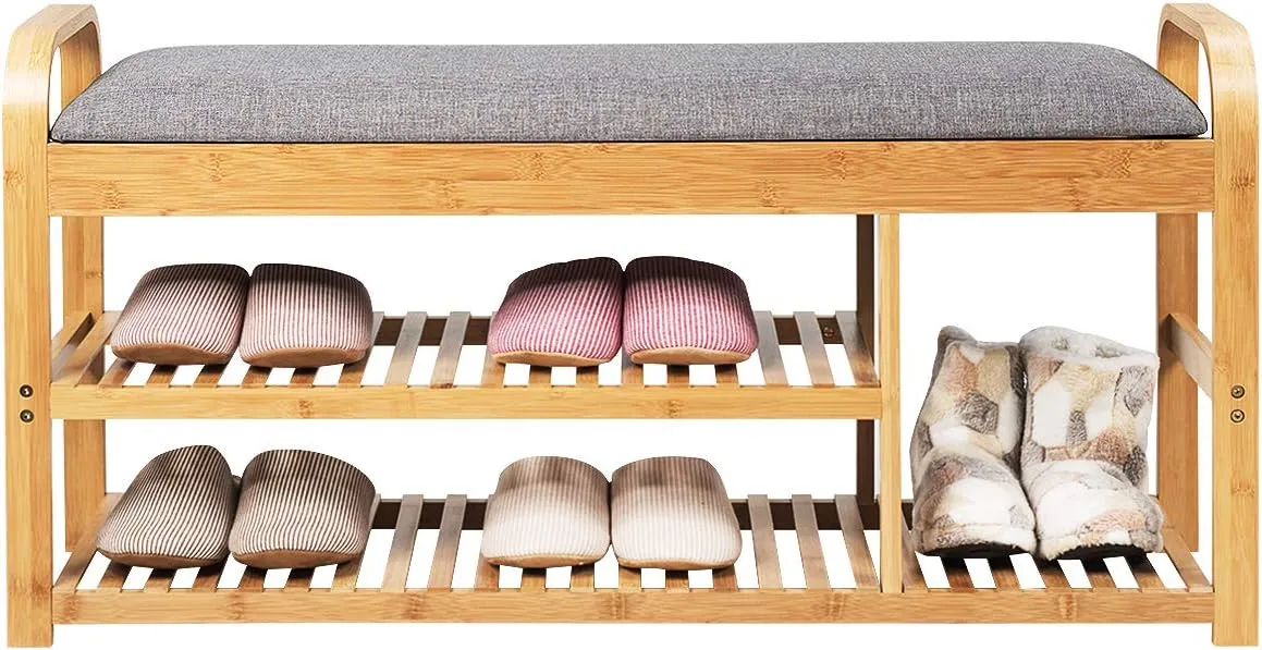 Julimoon 3-Tier Shoe Rack Bench, Bamboo Shoes Bench Storage Organizer Shelf with Sponge Cushion for Entryway, Hallway, Bedroom, Living Room, Holds Up to 330 lbs, Natural Grey