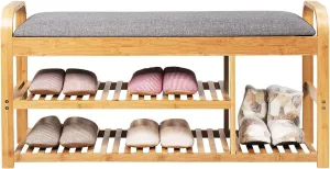 Julimoon 3-Tier Shoe Rack Bench, Bamboo Shoes Bench Storage Organizer Shelf with Sponge Cushion for Entryway, Hallway, Bedroom, Living Room, Holds Up to 330 lbs, Natural Grey