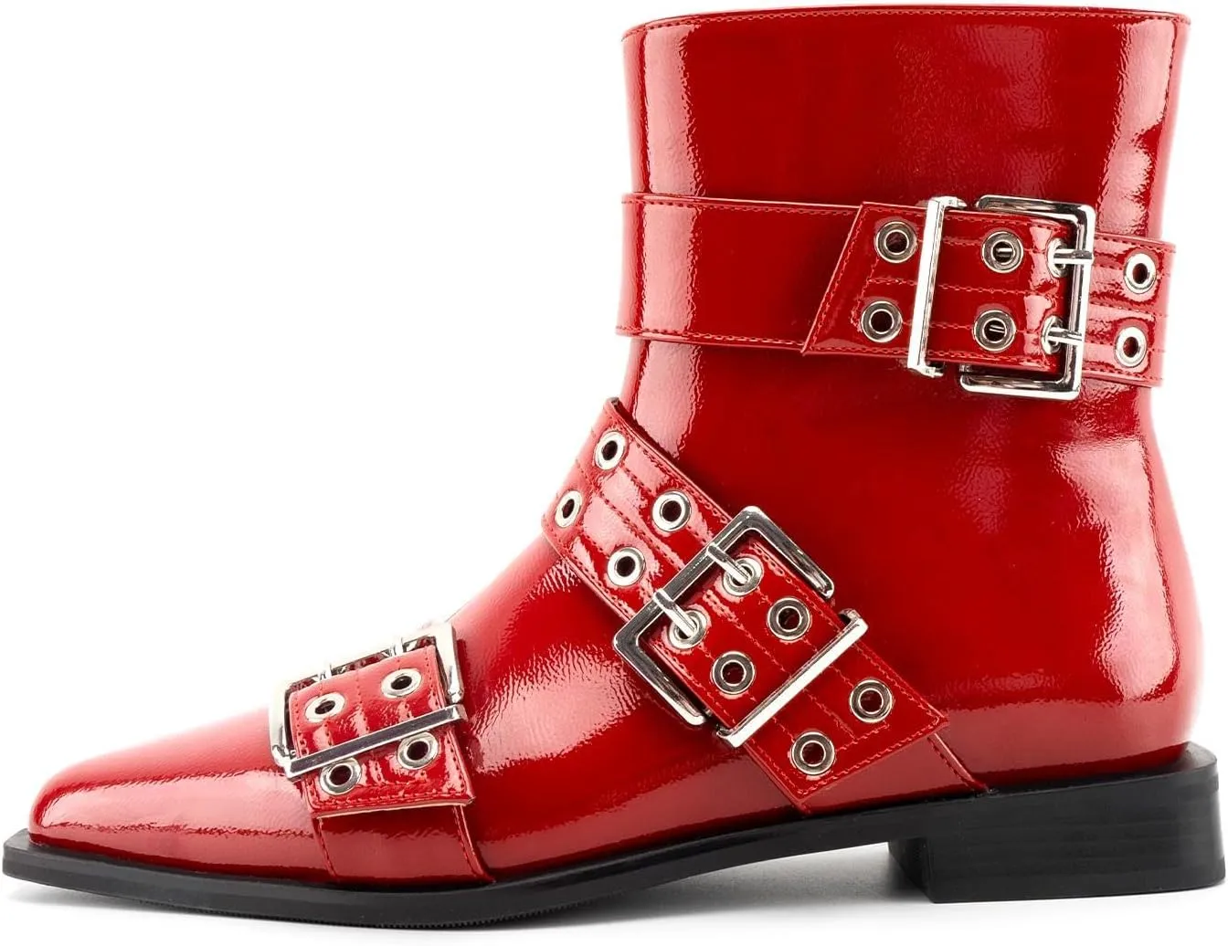 KaroNairy Ankle Boots for Women Wide Buckle Boots Pointed Toe Low Heel Boots Pull on Fashion Dress Short Boots