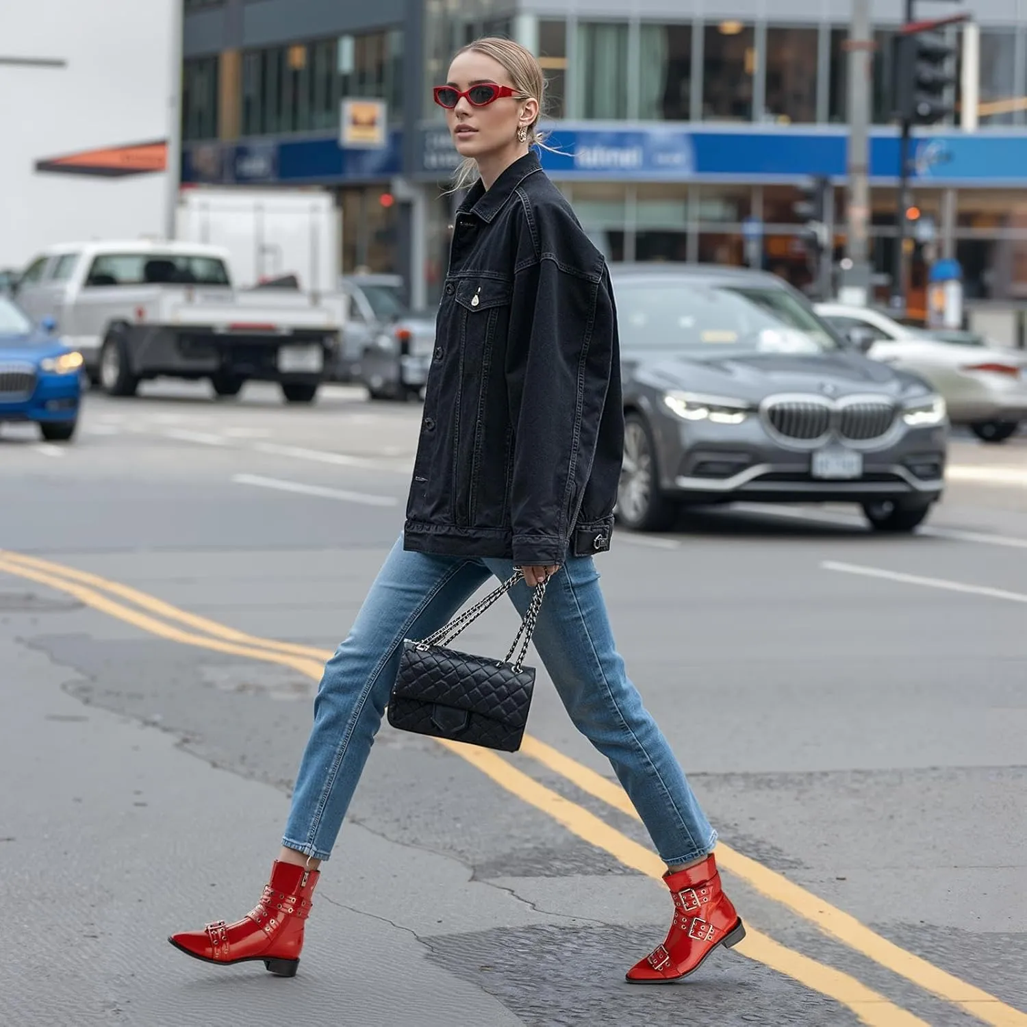 KaroNairy Ankle Boots for Women Wide Buckle Boots Pointed Toe Low Heel Boots Pull on Fashion Dress Short Boots