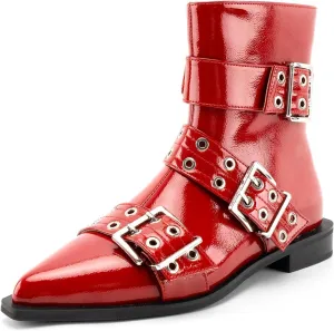KaroNairy Ankle Boots for Women Wide Buckle Boots Pointed Toe Low Heel Boots Pull on Fashion Dress Short Boots