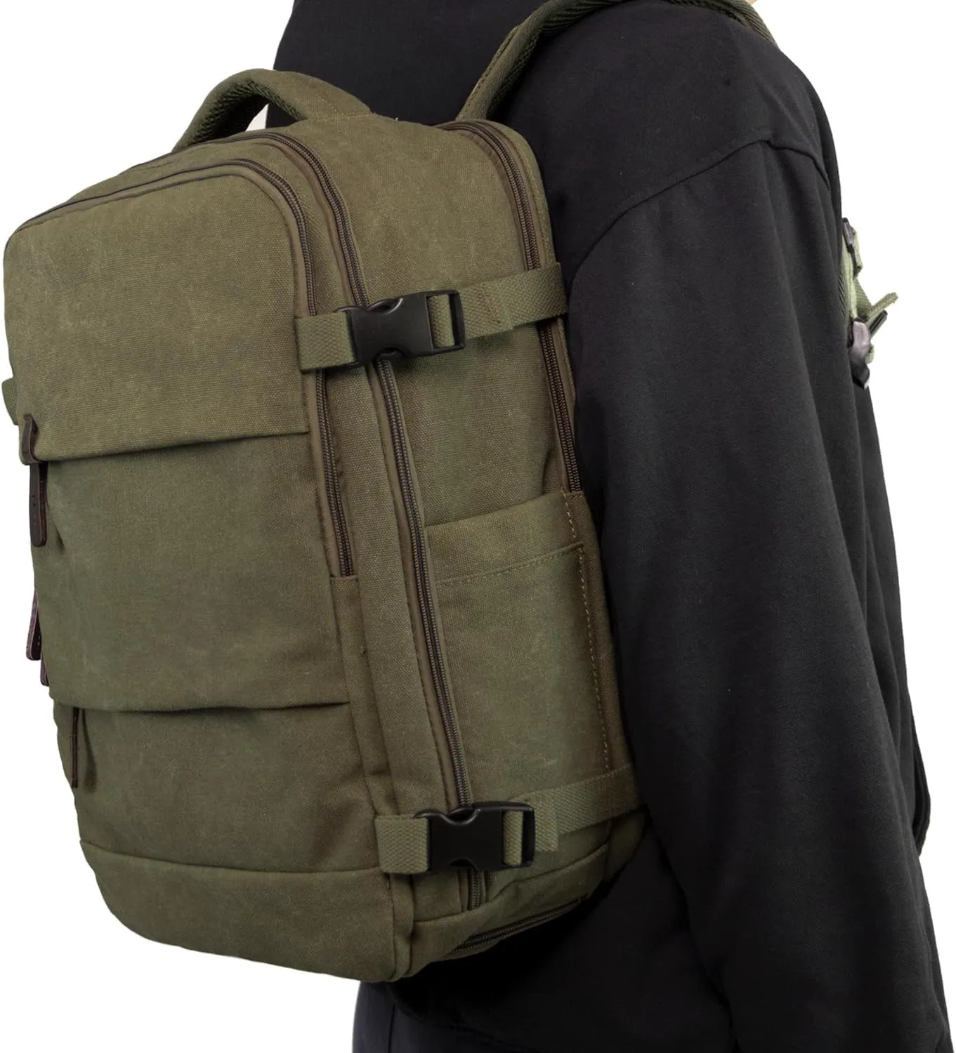 KAUKKO Canvas Travel Rucksack, Large Capacity Carry On Bag with Shoe Pouch and 15.6 inch Laptop Compartment, Flight Approved Outdoor 40L Luggage Weekender Bag, 12-ARMYGREEN