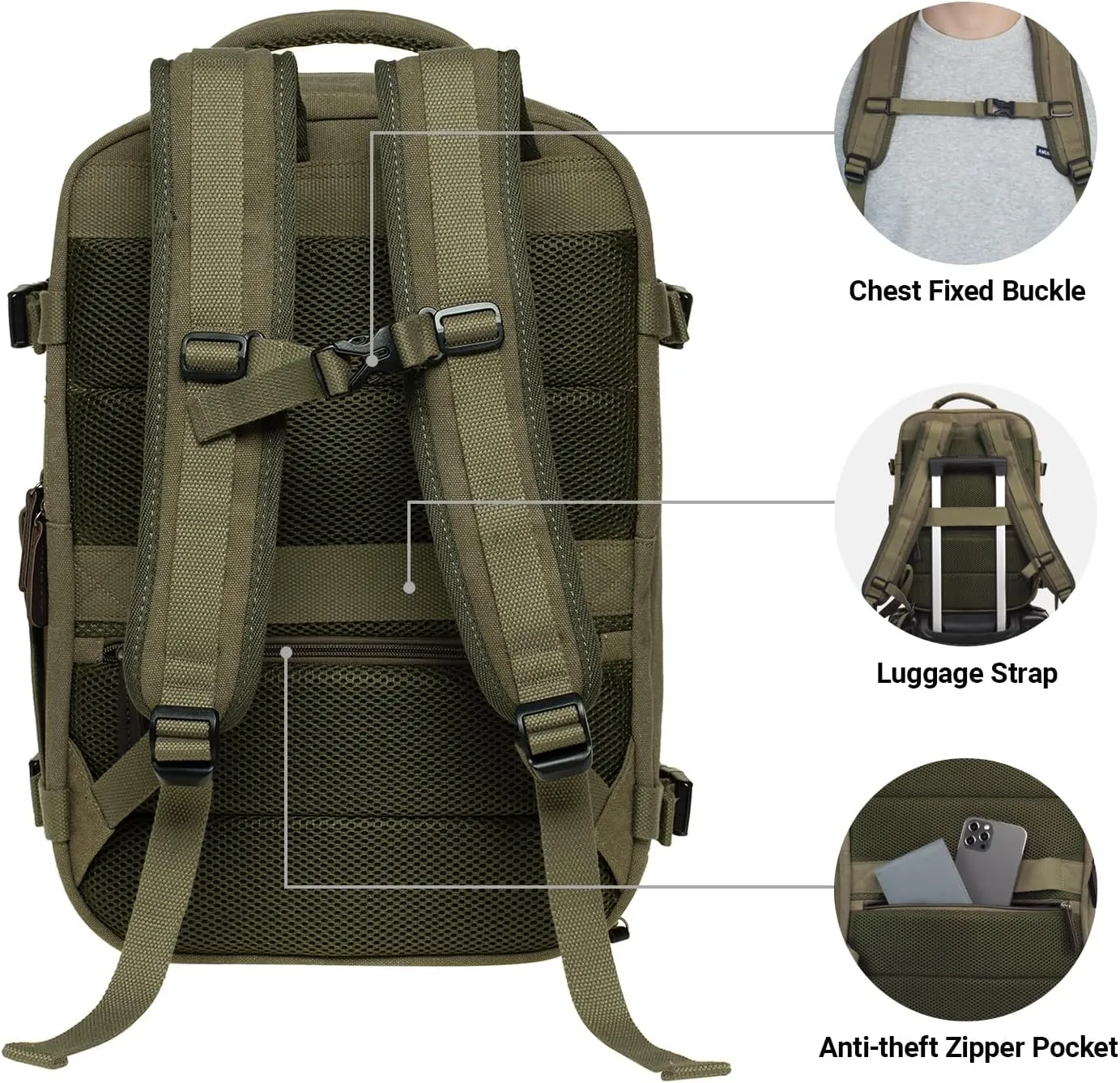 KAUKKO Canvas Travel Rucksack, Large Capacity Carry On Bag with Shoe Pouch and 15.6 inch Laptop Compartment, Flight Approved Outdoor 40L Luggage Weekender Bag, 12-ARMYGREEN