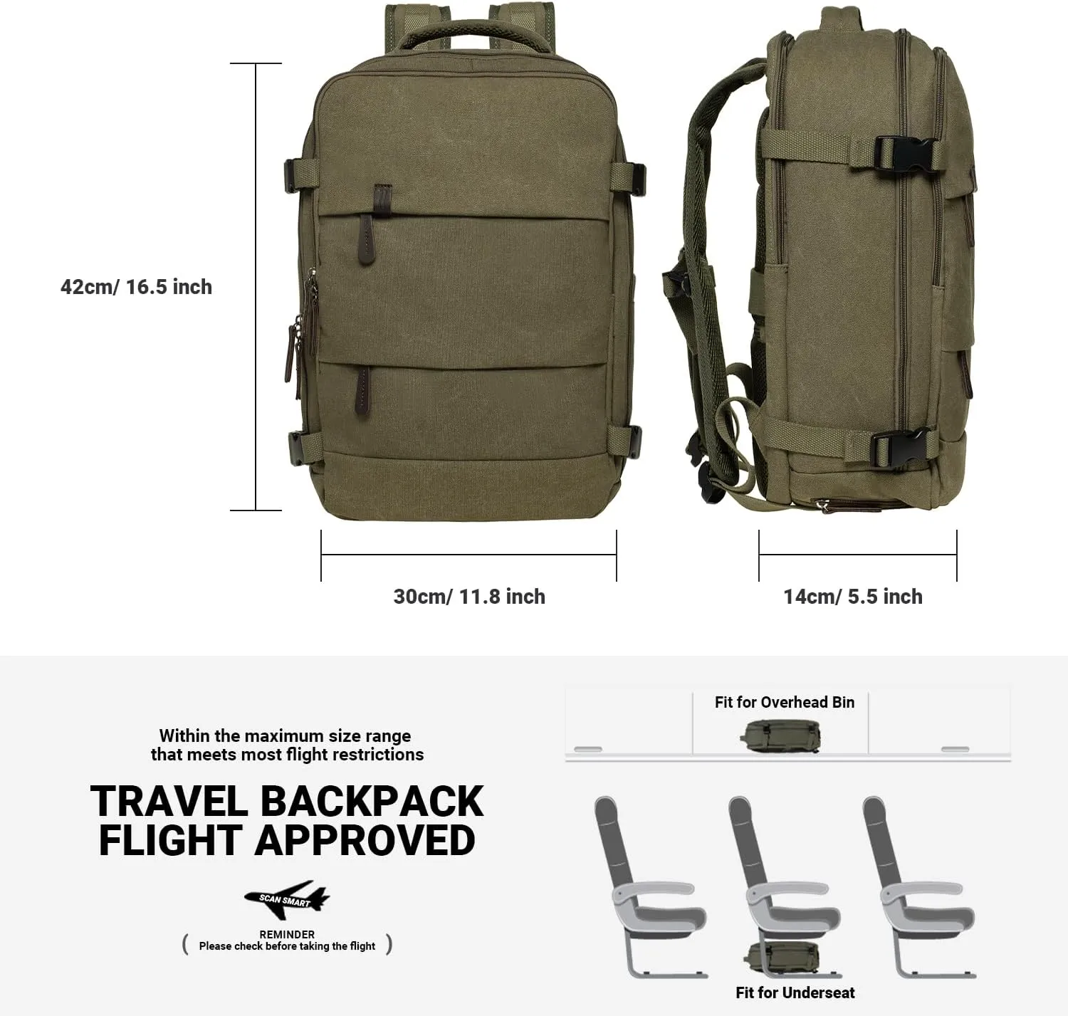 KAUKKO Canvas Travel Rucksack, Large Capacity Carry On Bag with Shoe Pouch and 15.6 inch Laptop Compartment, Flight Approved Outdoor 40L Luggage Weekender Bag, 12-ARMYGREEN
