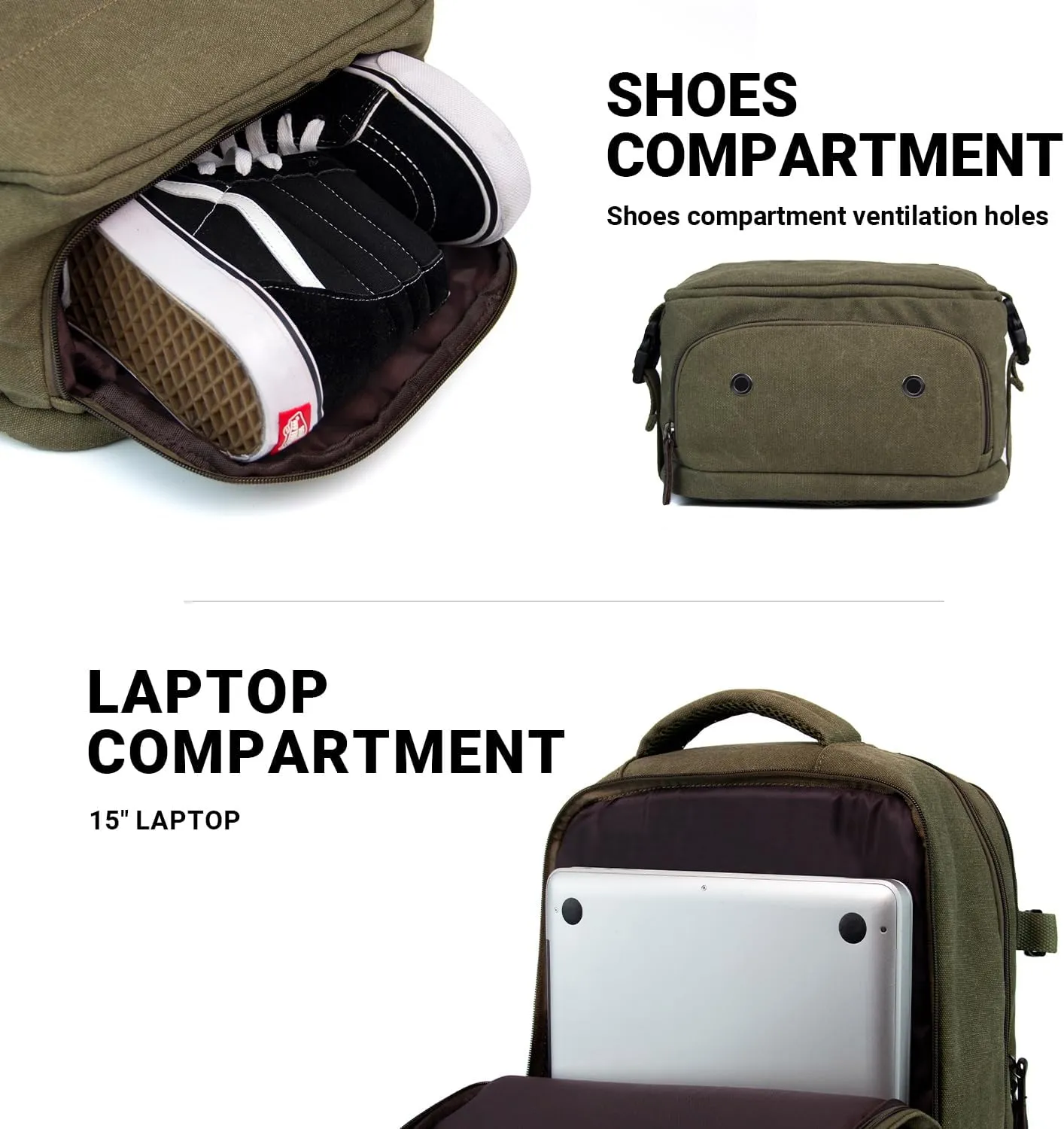 KAUKKO Canvas Travel Rucksack, Large Capacity Carry On Bag with Shoe Pouch and 15.6 inch Laptop Compartment, Flight Approved Outdoor 40L Luggage Weekender Bag, 12-ARMYGREEN