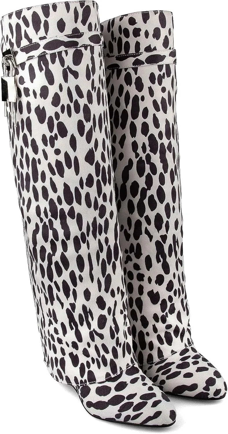 keleimusi Fold Over Wedge Boots Heeled PadLock Pant Knee High Shoes Tall/Short Booties in Black