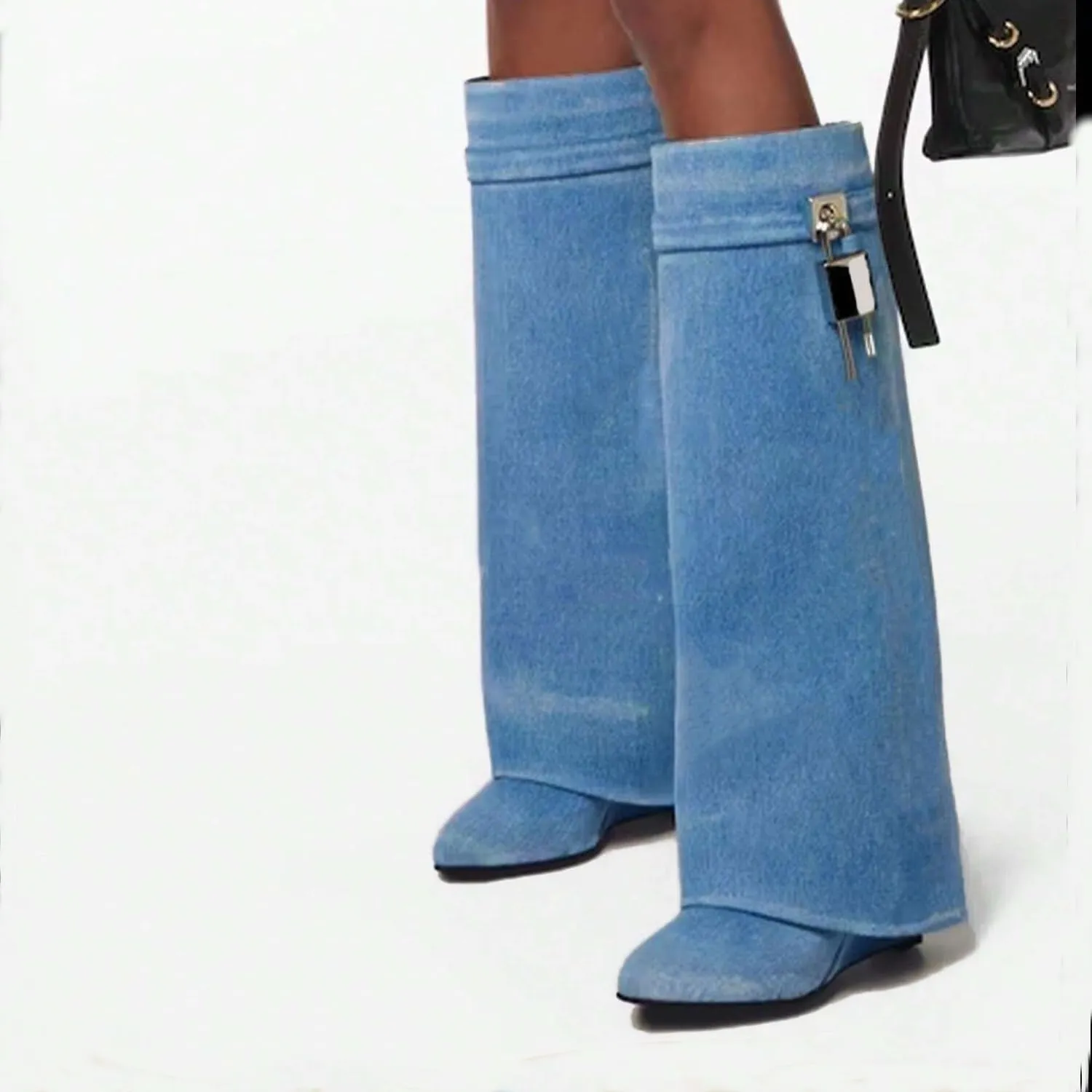 keleimusi Fold Over Wedge Boots Heeled PadLock Pant Knee High Shoes Tall/Short Booties in Black