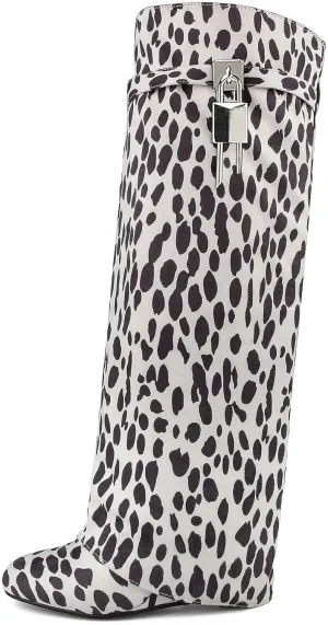 keleimusi Fold Over Wedge Boots Heeled PadLock Pant Knee High Shoes Tall/Short Booties in Black