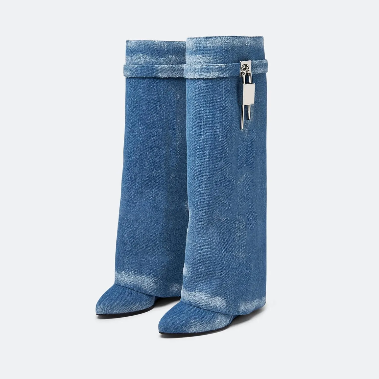 keleimusi Fold Over Wedge Boots Heeled PadLock Pant Knee High Shoes Tall/Short Booties in Black