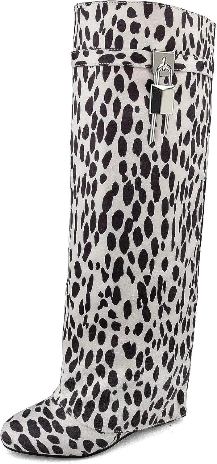keleimusi Fold Over Wedge Boots Heeled PadLock Pant Knee High Shoes Tall/Short Booties in Black