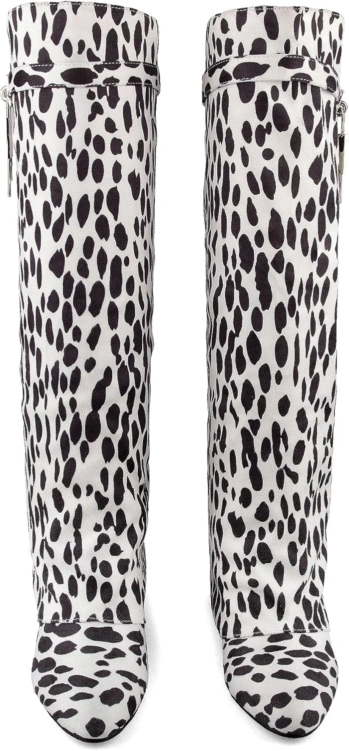 keleimusi Fold Over Wedge Boots Heeled PadLock Pant Knee High Shoes Tall/Short Booties in Black
