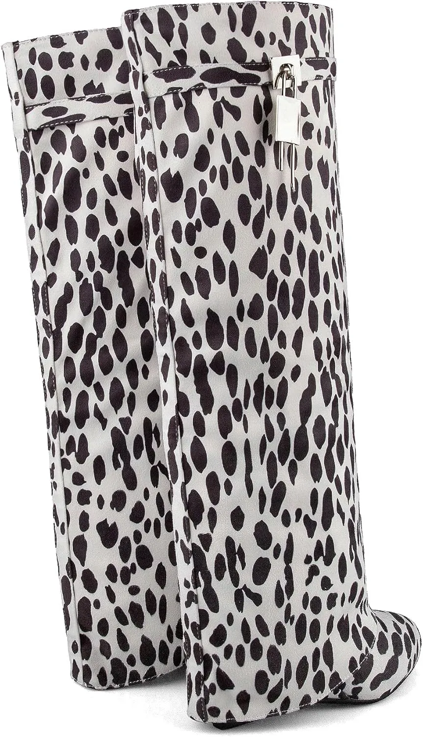 keleimusi Fold Over Wedge Boots Heeled PadLock Pant Knee High Shoes Tall/Short Booties in Black
