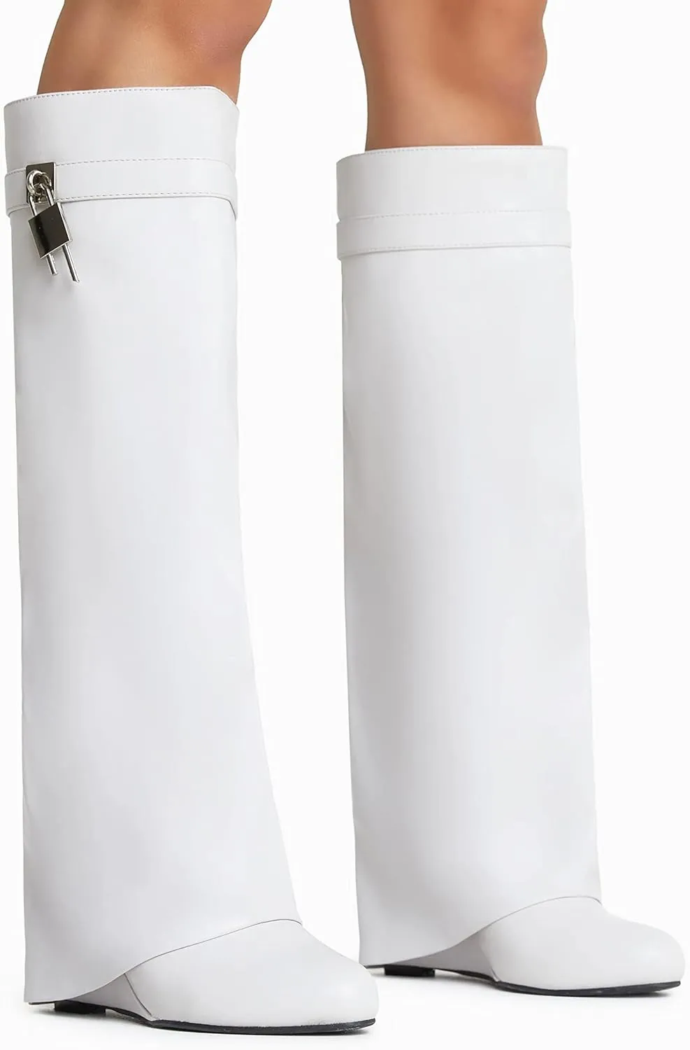 keleimusi Fold Over Wedge Boots Heeled PadLock Pant Knee High Shoes Tall/Short Booties in Black