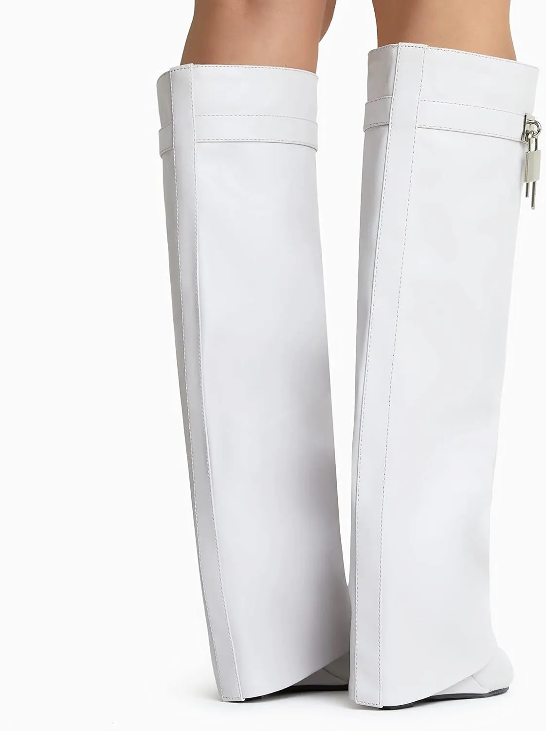 keleimusi Fold Over Wedge Boots Heeled PadLock Pant Knee High Shoes Tall/Short Booties in Black