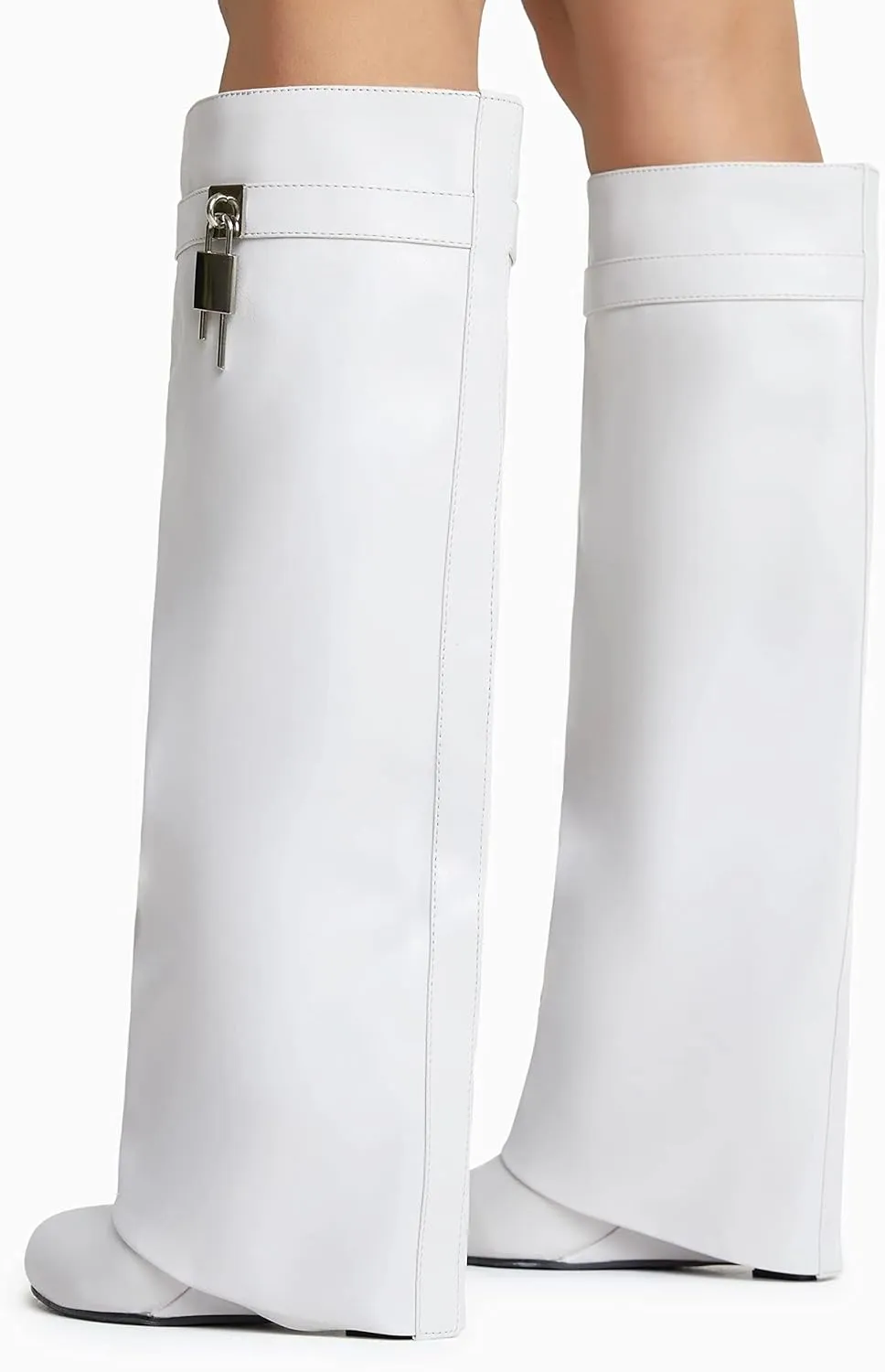 keleimusi Fold Over Wedge Boots Heeled PadLock Pant Knee High Shoes Tall/Short Booties in Black