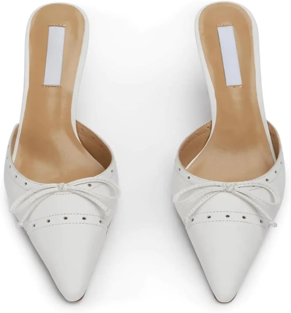 keleimusi Mid Heel Slip On Pumps Bow Tie Heeled Mules for Women Stiletto Heels Dress Party Wedding Pumps