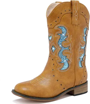 Kids Cowgirl Boots for Girls Western Square Toe Girls Sparkle Boots Zipper Mid Calf Low Heel Horse Riding for Toddler Little Big Kids