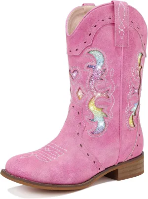 Kids Cowgirl Boots for Girls Western Square Toe Girls Sparkle Boots Zipper Mid Calf Low Heel Horse Riding for Toddler Little Big Kids