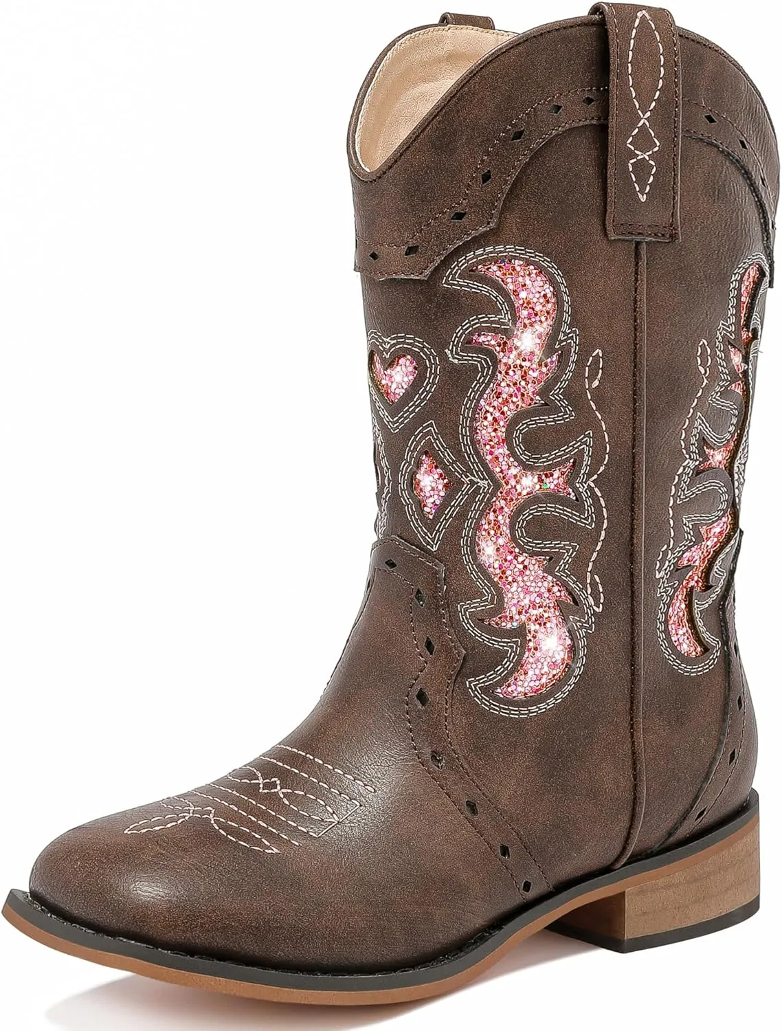 Kids Cowgirl Boots for Girls Western Square Toe Girls Sparkle Boots Zipper Mid Calf Low Heel Horse Riding for Toddler Little Big Kids