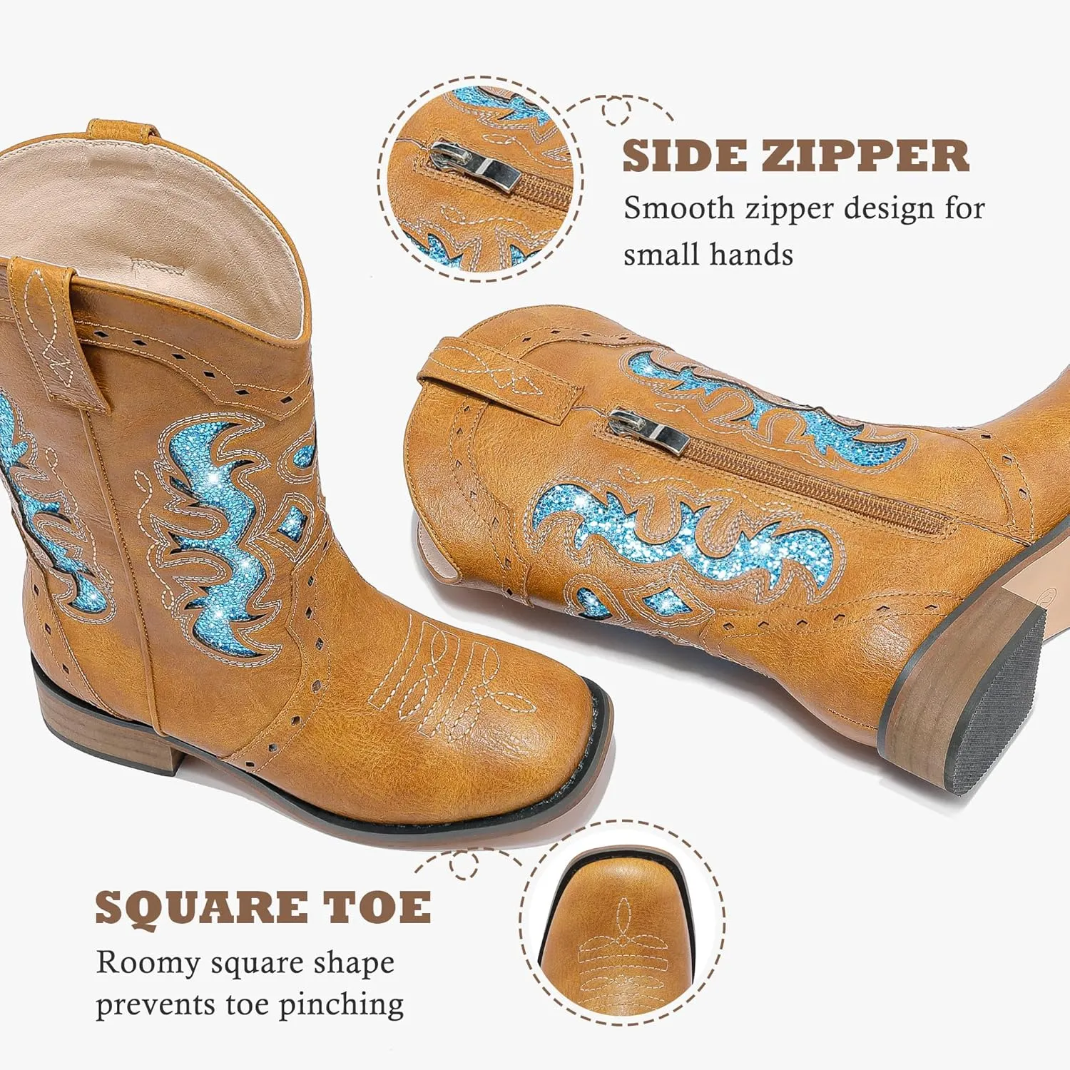 Kids Cowgirl Boots for Girls Western Square Toe Girls Sparkle Boots Zipper Mid Calf Low Heel Horse Riding for Toddler Little Big Kids