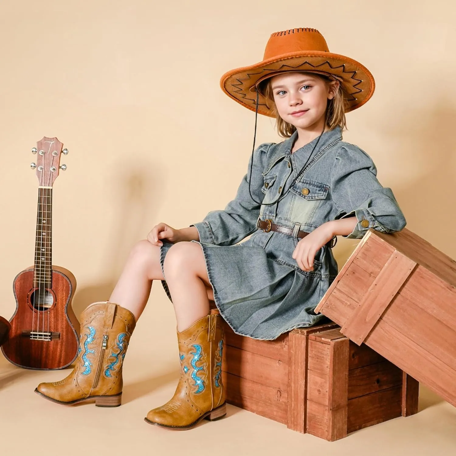 Kids Cowgirl Boots for Girls Western Square Toe Girls Sparkle Boots Zipper Mid Calf Low Heel Horse Riding for Toddler Little Big Kids
