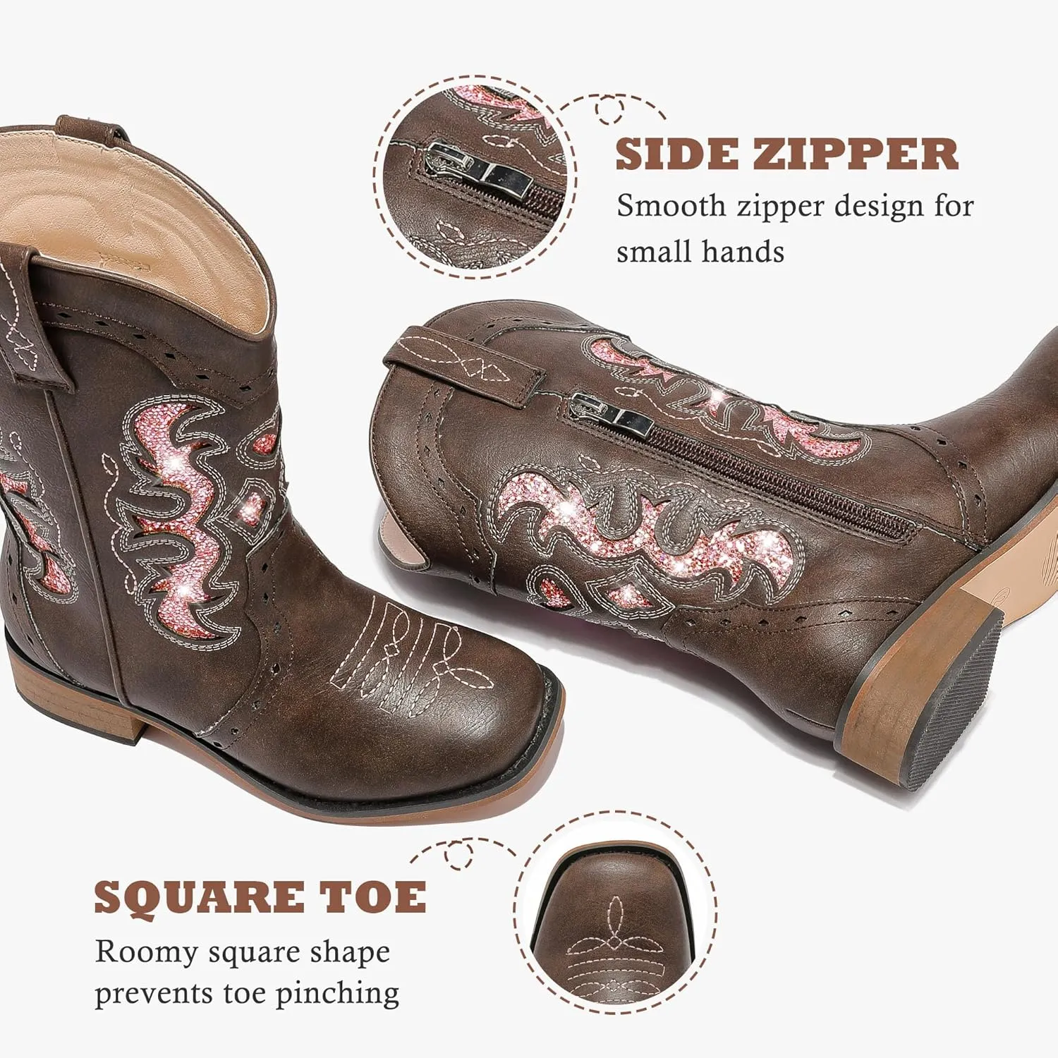 Kids Cowgirl Boots for Girls Western Square Toe Girls Sparkle Boots Zipper Mid Calf Low Heel Horse Riding for Toddler Little Big Kids