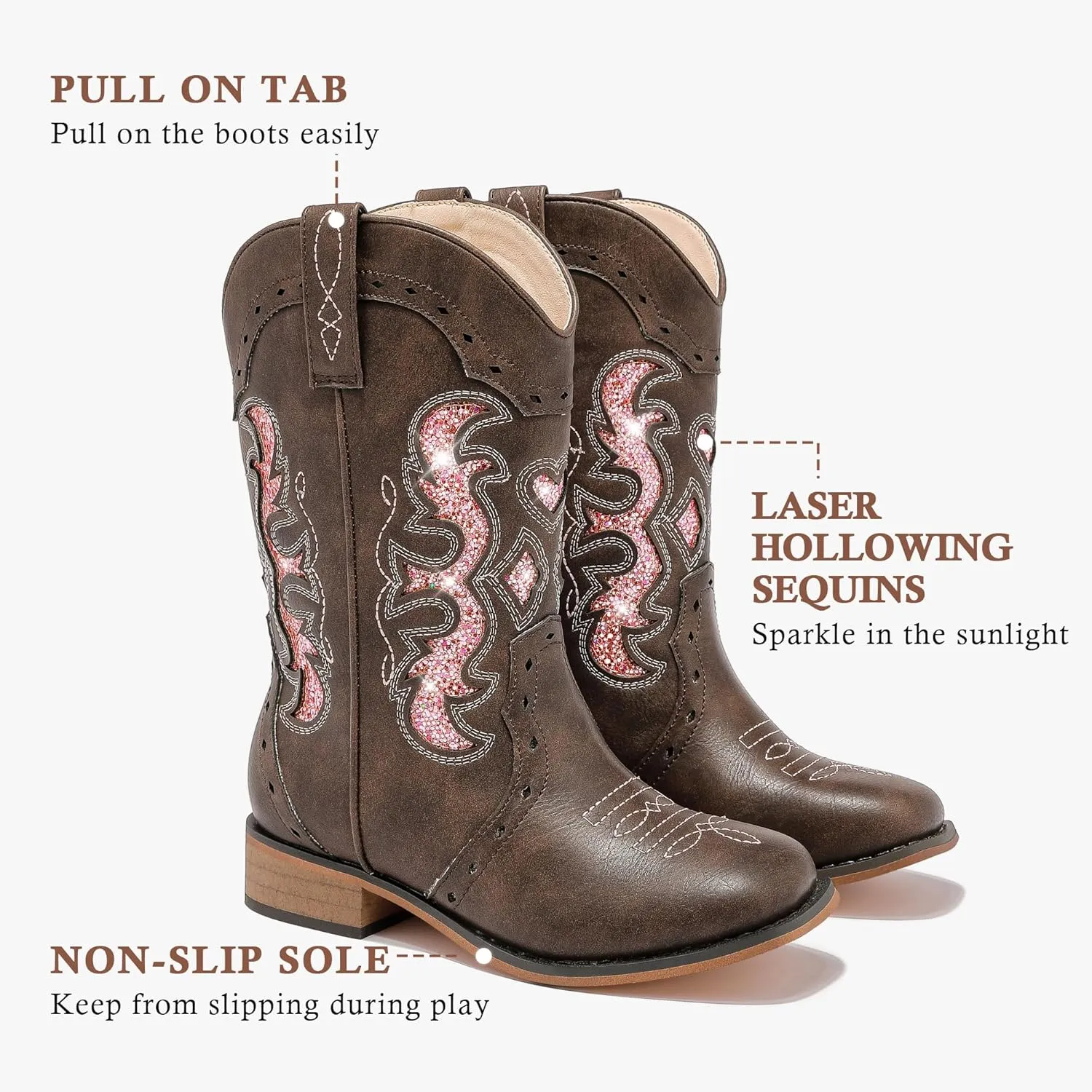 Kids Cowgirl Boots for Girls Western Square Toe Girls Sparkle Boots Zipper Mid Calf Low Heel Horse Riding for Toddler Little Big Kids