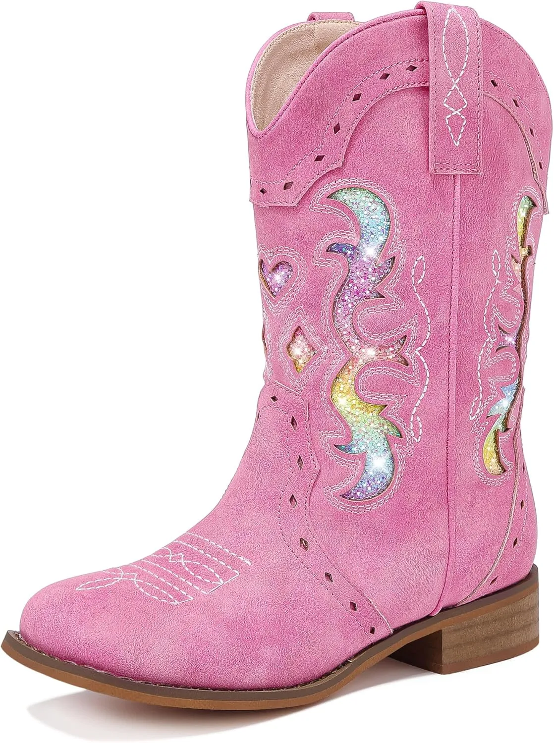 Kids Cowgirl Boots for Girls Western Square Toe Girls Sparkle Boots Zipper Mid Calf Low Heel Horse Riding for Toddler Little Big Kids