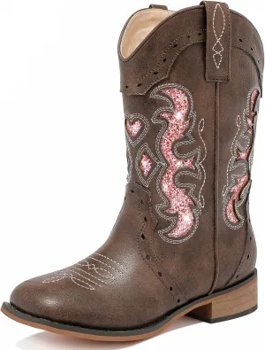 Kids Cowgirl Boots for Girls Western Square Toe Girls Sparkle Boots Zipper Mid Calf Low Heel Horse Riding for Toddler Little Big Kids