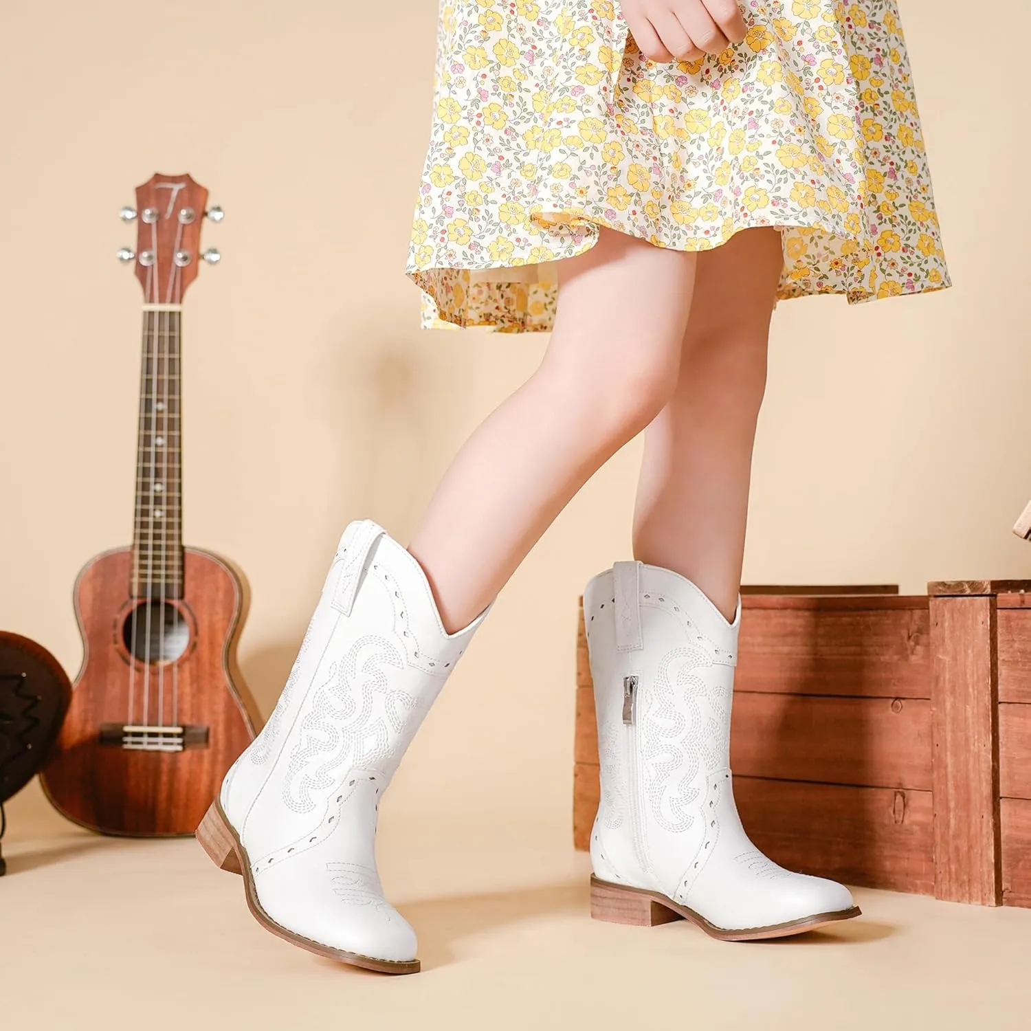 Kids Cowgirl Boots for Girls Western Square Toe Girls Sparkle Boots Zipper Mid Calf Low Heel Horse Riding for Toddler Little Big Kids