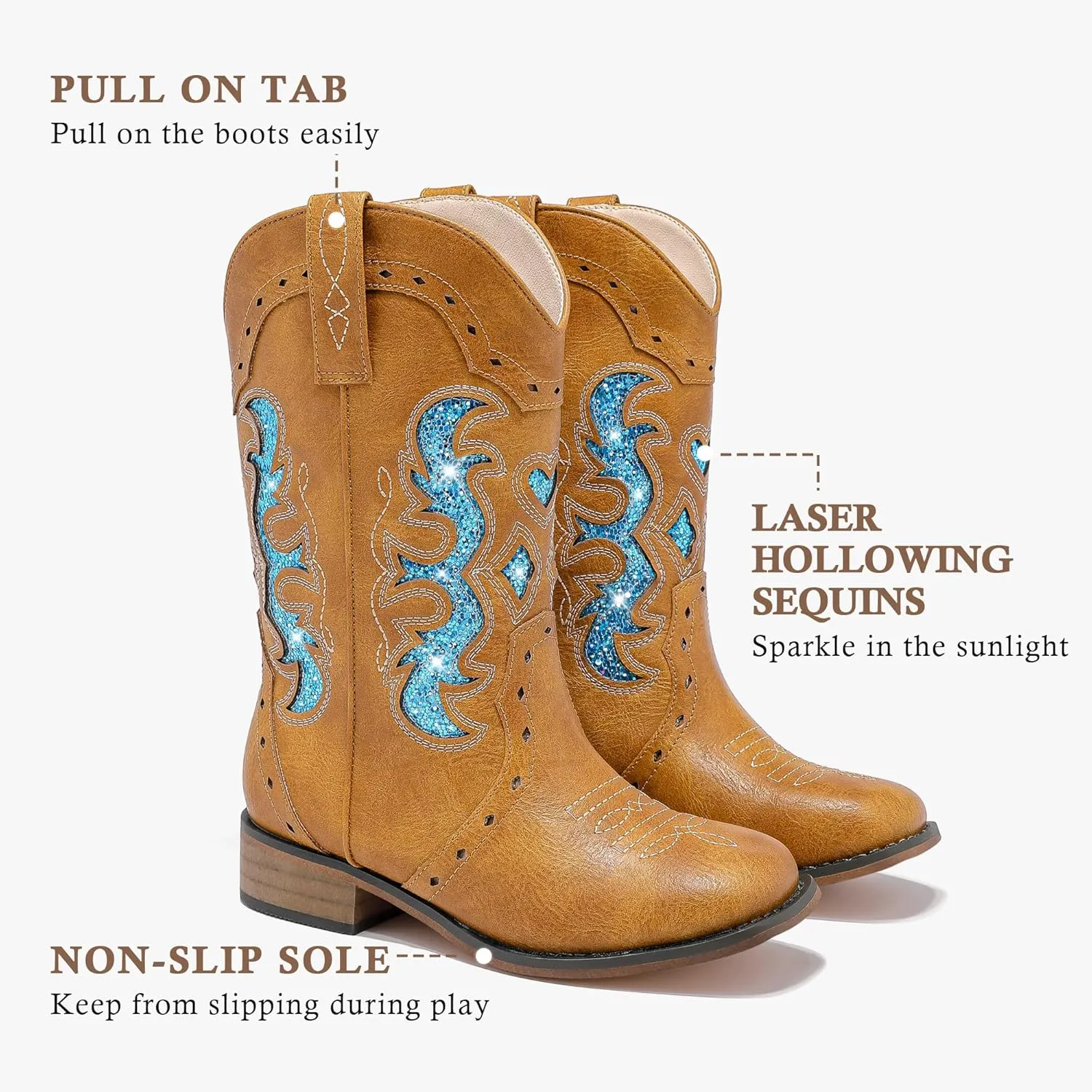 Kids Cowgirl Boots for Girls Western Square Toe Girls Sparkle Boots Zipper Mid Calf Low Heel Horse Riding for Toddler Little Big Kids