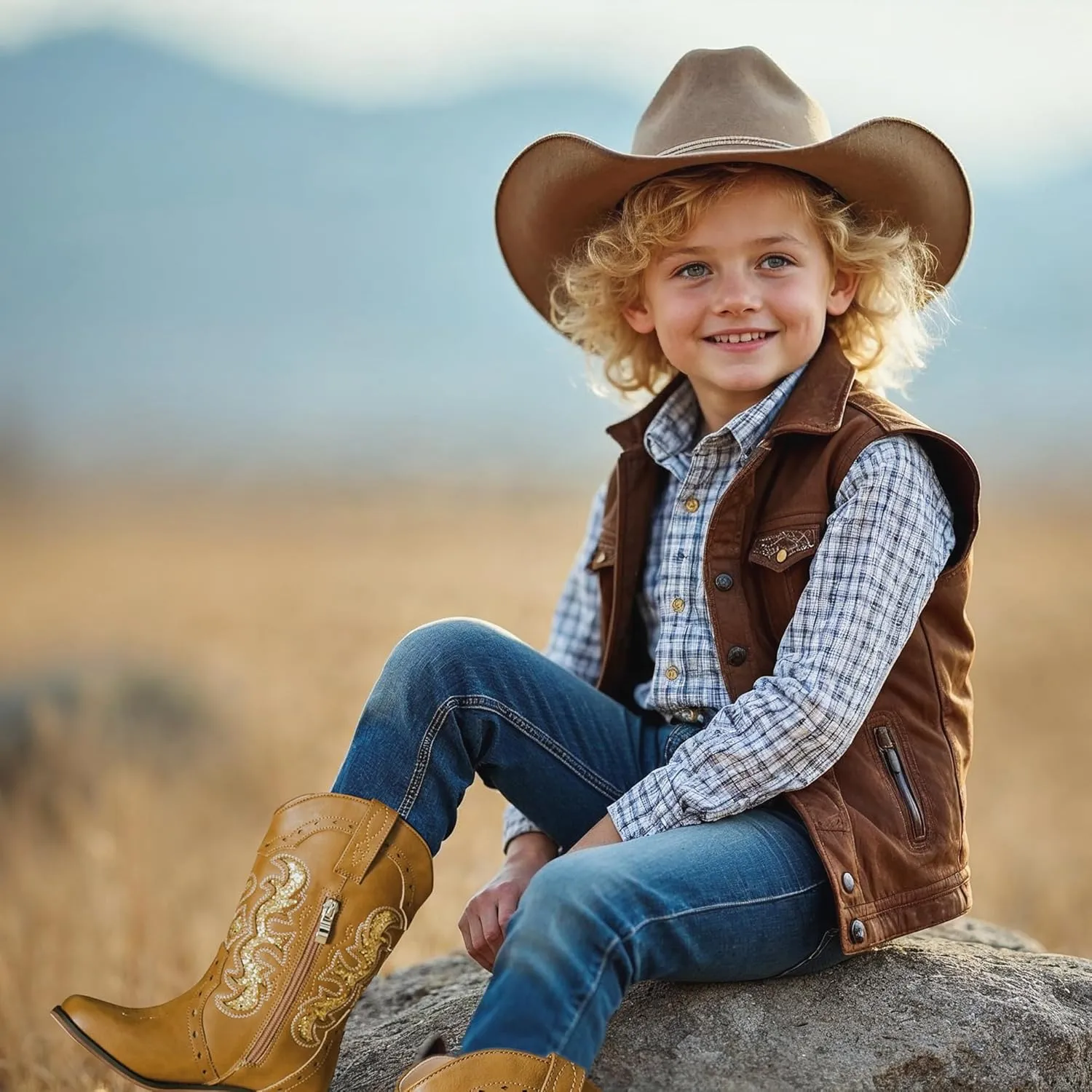 Kids Cowgirl Boots for Girls Western Square Toe Girls Sparkle Boots Zipper Mid Calf Low Heel Horse Riding for Toddler Little Big Kids
