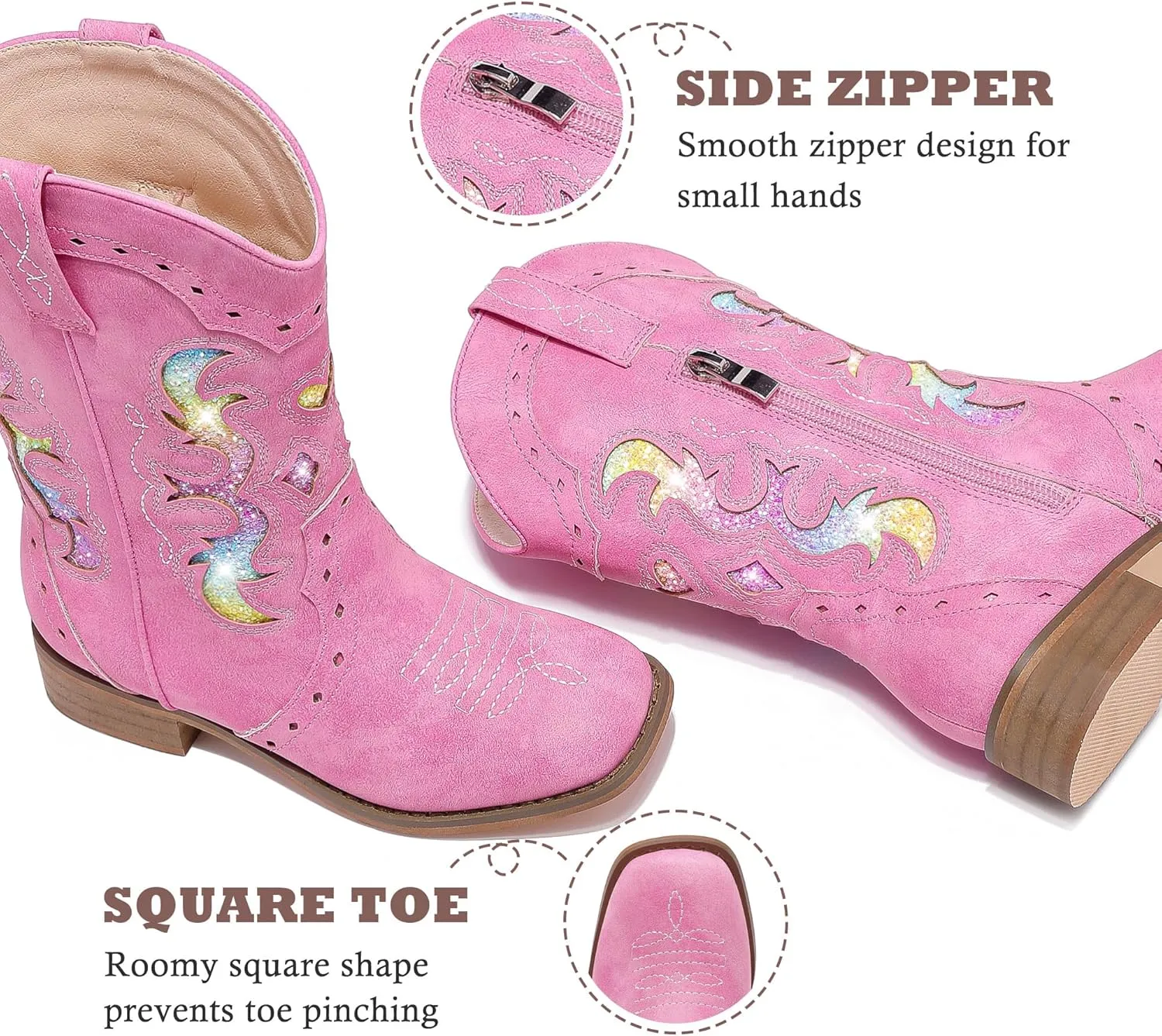 Kids Cowgirl Boots for Girls Western Square Toe Girls Sparkle Boots Zipper Mid Calf Low Heel Horse Riding for Toddler Little Big Kids