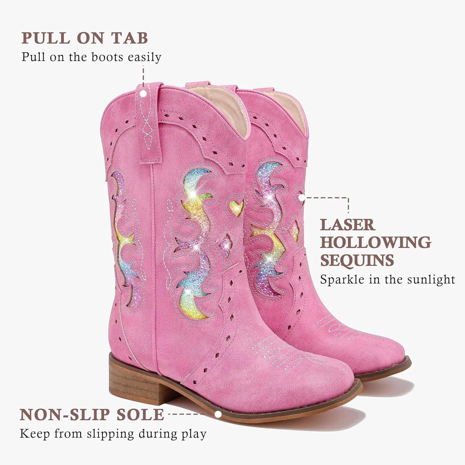 Kids Cowgirl Boots for Girls Western Square Toe Girls Sparkle Boots Zipper Mid Calf Low Heel Horse Riding for Toddler Little Big Kids