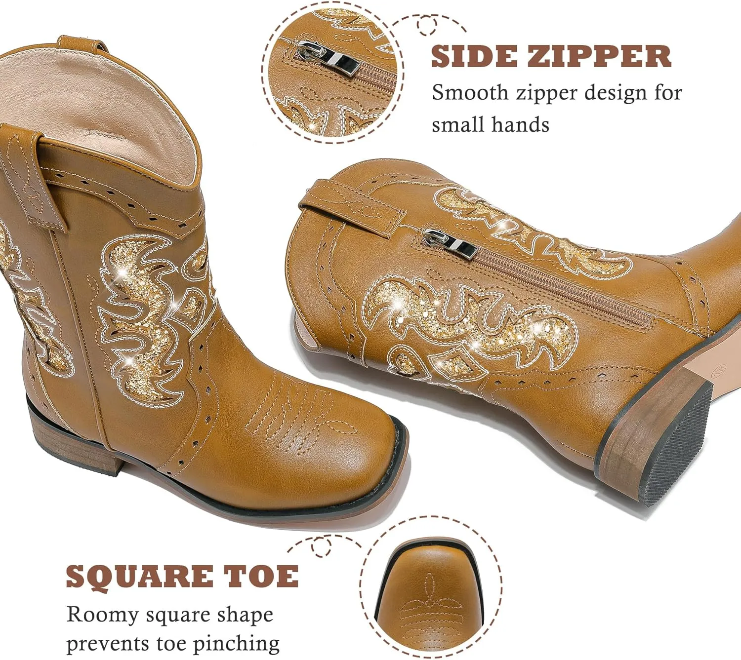 Kids Cowgirl Boots for Girls Western Square Toe Girls Sparkle Boots Zipper Mid Calf Low Heel Horse Riding for Toddler Little Big Kids