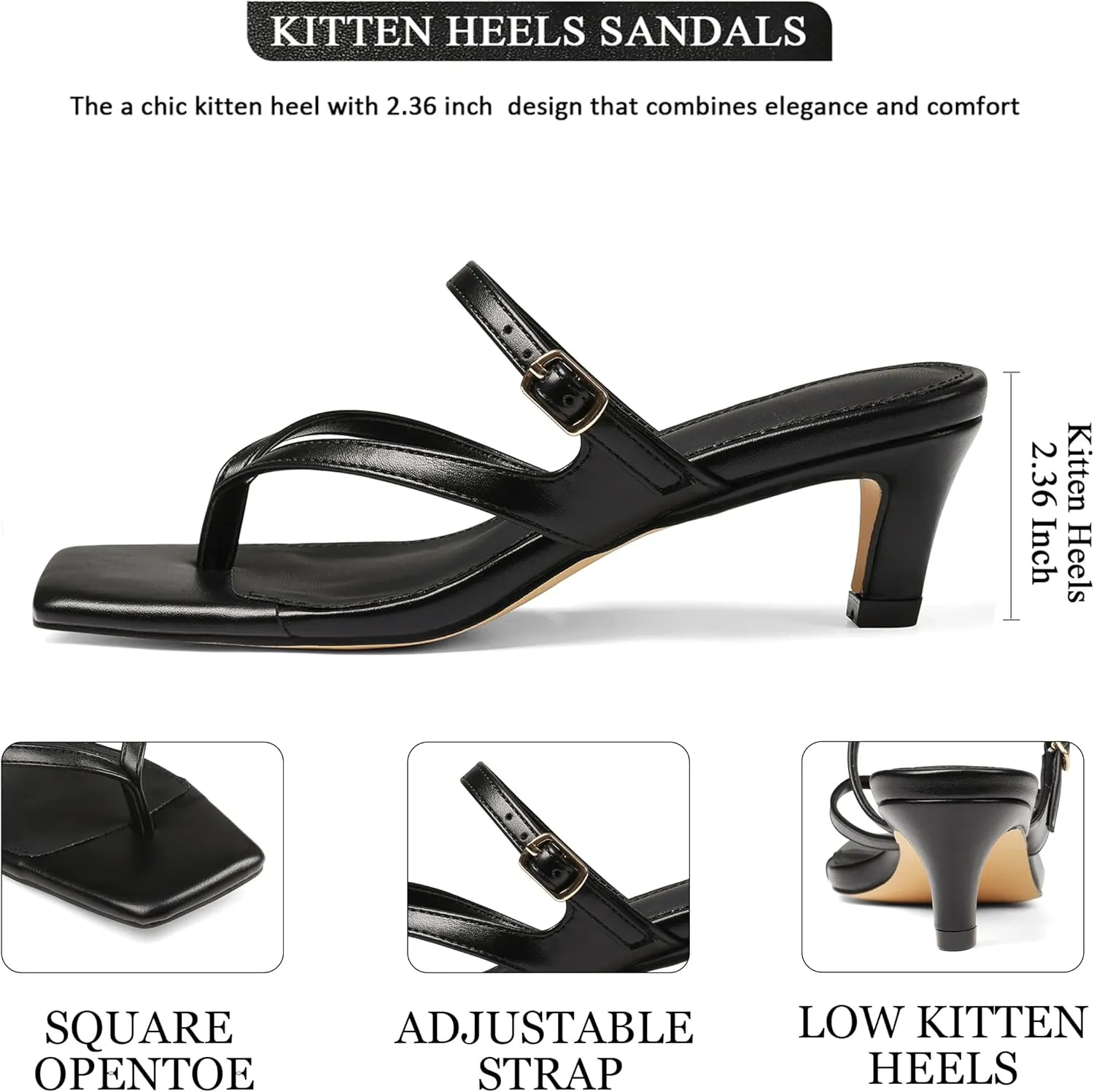 Kitten Heel Sandals for Women Square Open Toe Strappy Sandals Flip Flops Low Heels Fashion Comfort Party Dress Shoes