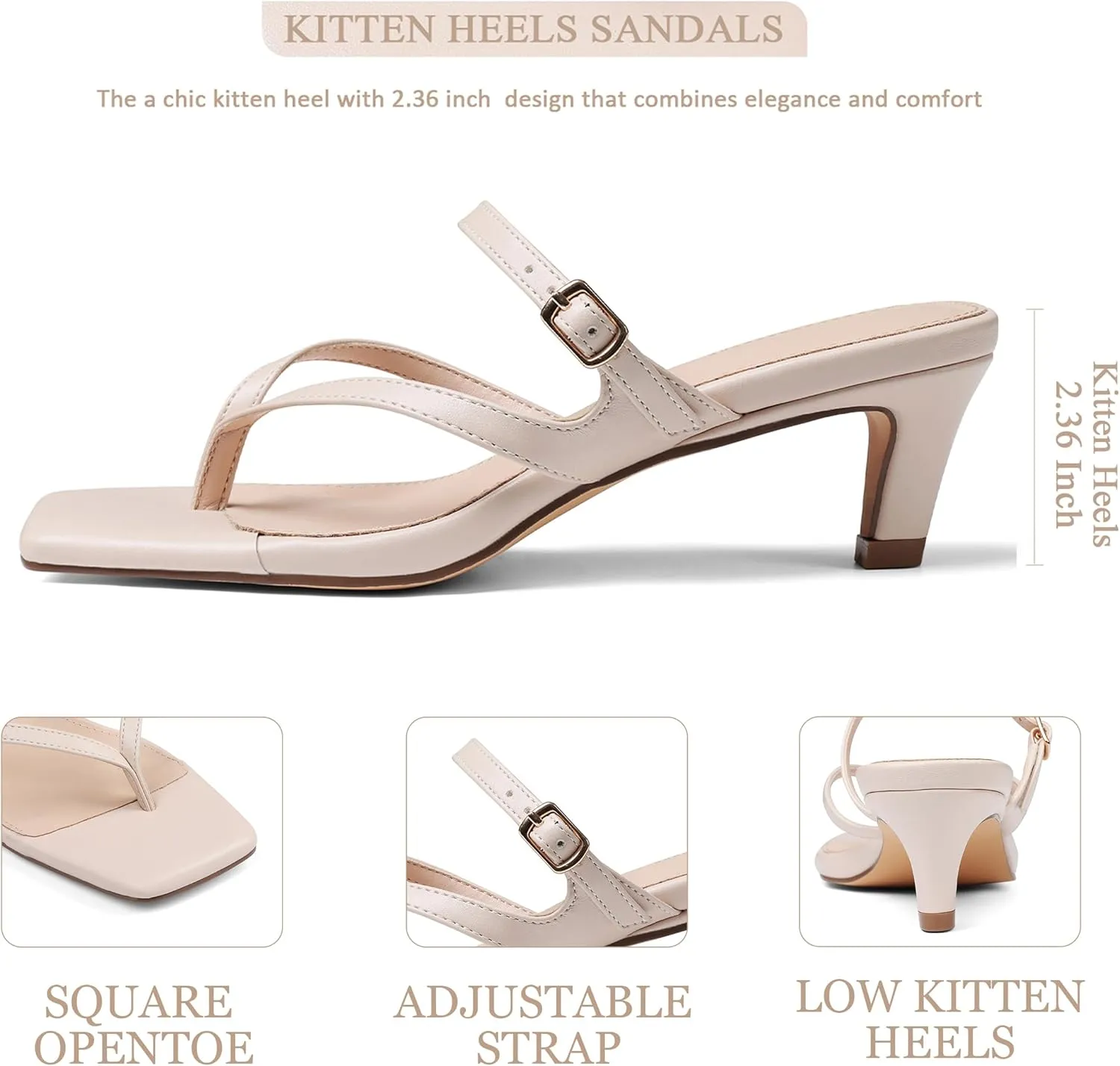 Kitten Heel Sandals for Women Square Open Toe Strappy Sandals Flip Flops Low Heels Fashion Comfort Party Dress Shoes