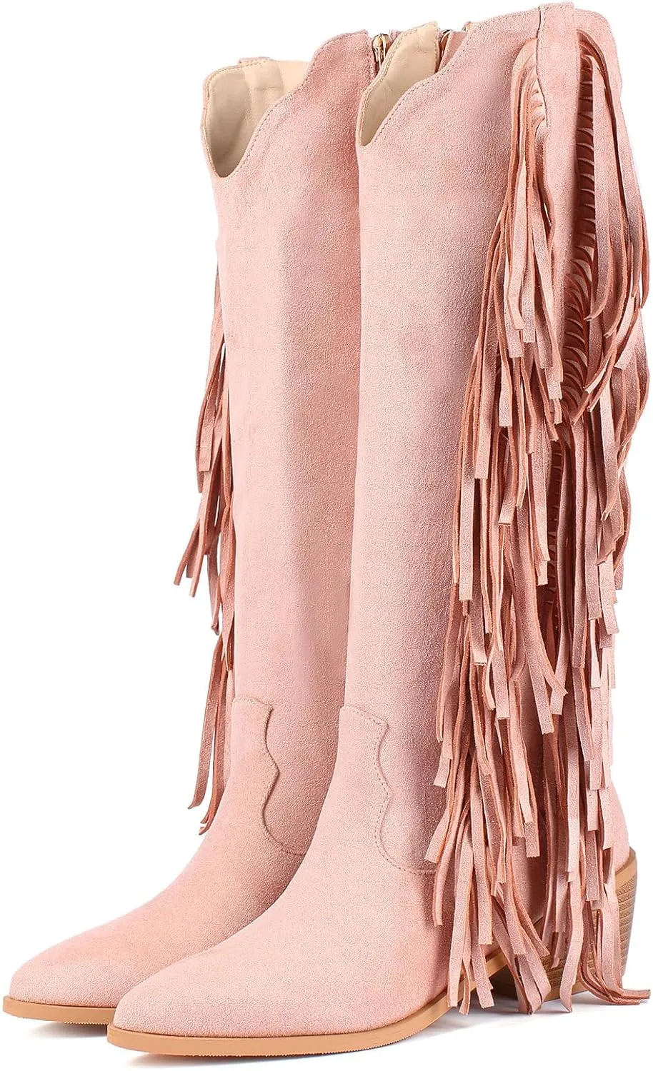 KiutSymo Cowgirl Fringe Boots For Women White Tassels Cowboy Boots Knee High Pointed Toe Western Boots