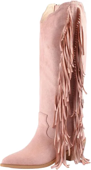 KiutSymo Cowgirl Fringe Boots For Women White Tassels Cowboy Boots Knee High Pointed Toe Western Boots