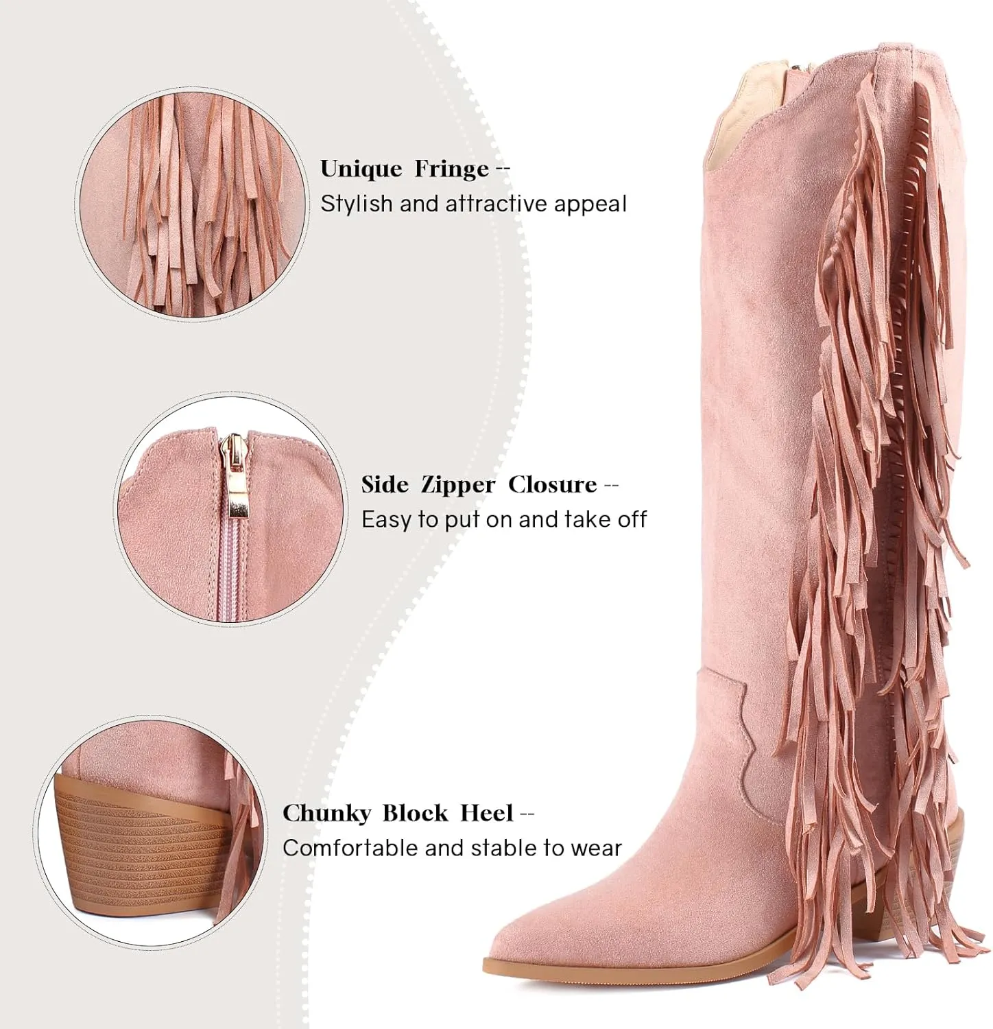 KiutSymo Cowgirl Fringe Boots For Women White Tassels Cowboy Boots Knee High Pointed Toe Western Boots