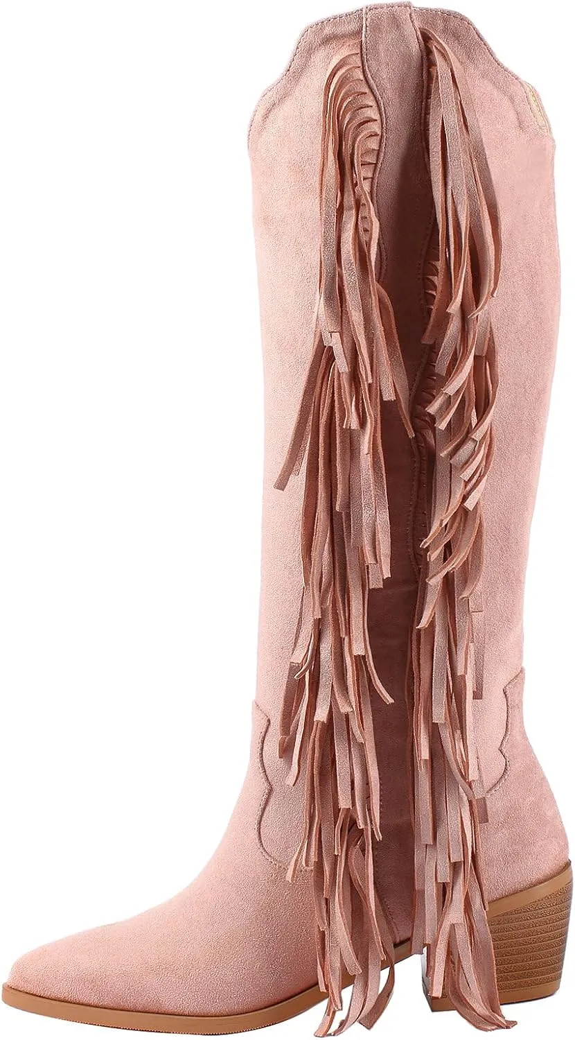 KiutSymo Cowgirl Fringe Boots For Women White Tassels Cowboy Boots Knee High Pointed Toe Western Boots