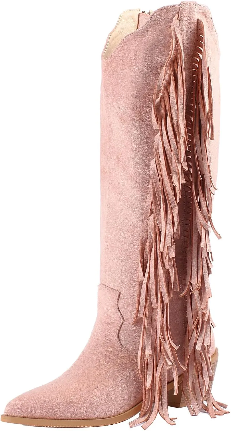 KiutSymo Cowgirl Fringe Boots For Women White Tassels Cowboy Boots Knee High Pointed Toe Western Boots