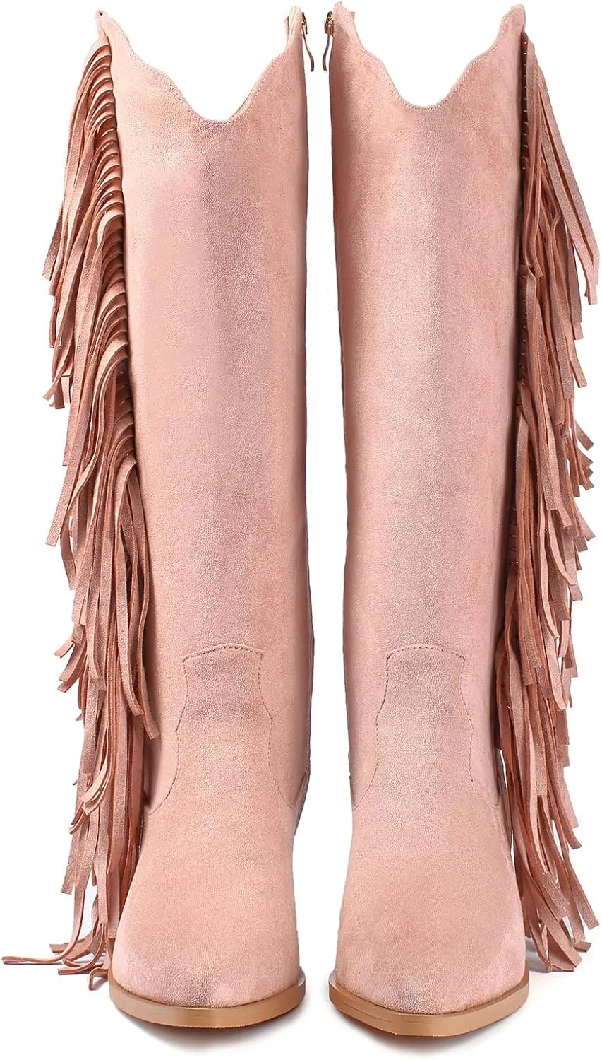 KiutSymo Cowgirl Fringe Boots For Women White Tassels Cowboy Boots Knee High Pointed Toe Western Boots