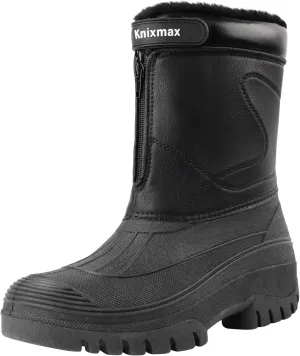 Knixmax Men's Winter Boots Waterproof Snow Shoes Mid Calf Insulated Booties Warm Outdoor Hiking Walking Skiing Boots No Lace Mens Boots With Zipper Size 8-14
